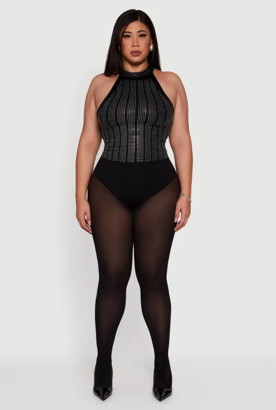 Plus Size Patterned Rhinestone Sleeveless Bodysuit sold by Rainbow