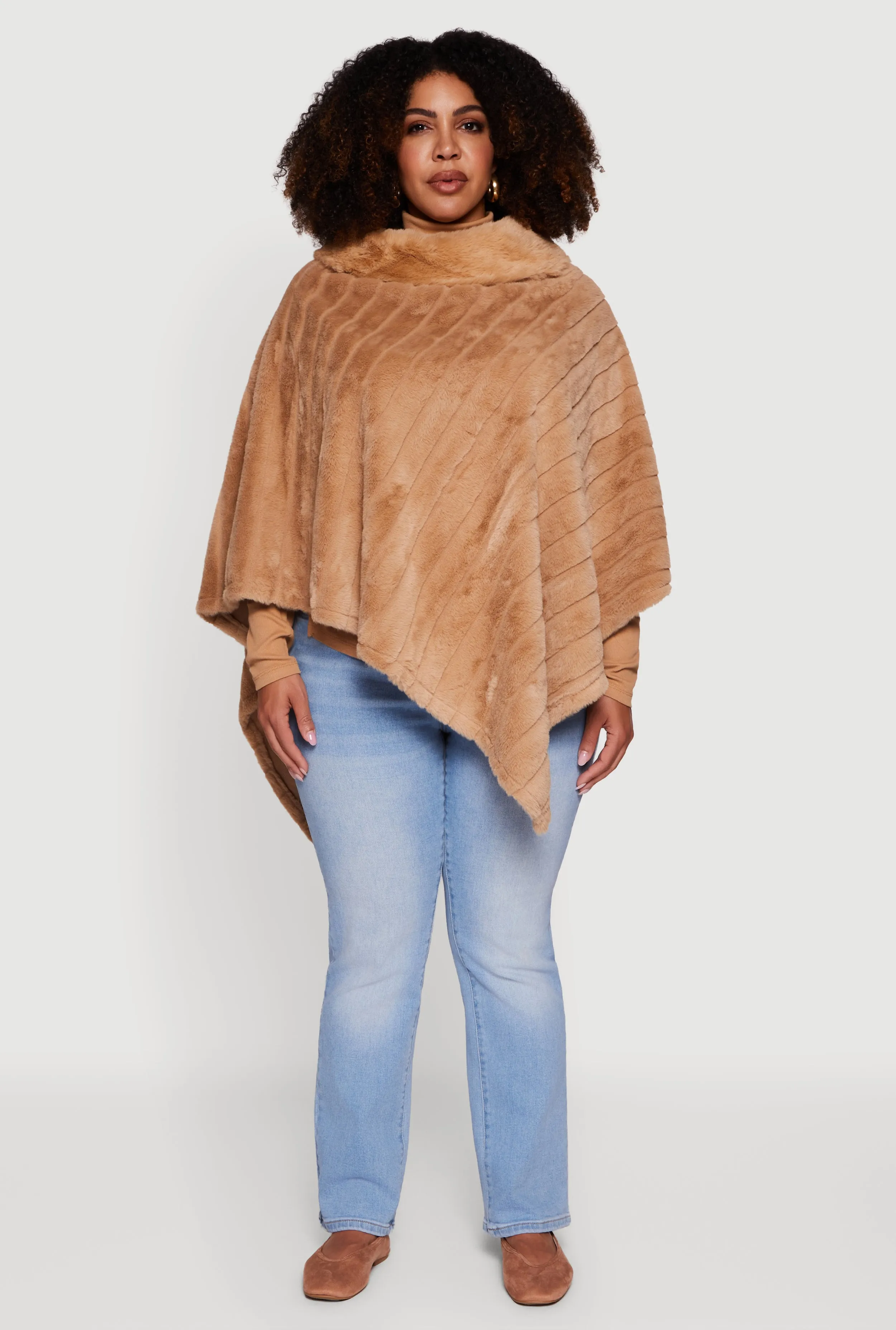 Plus Size Faux Fur Solid Funnel Neck Poncho sold by Rainbow