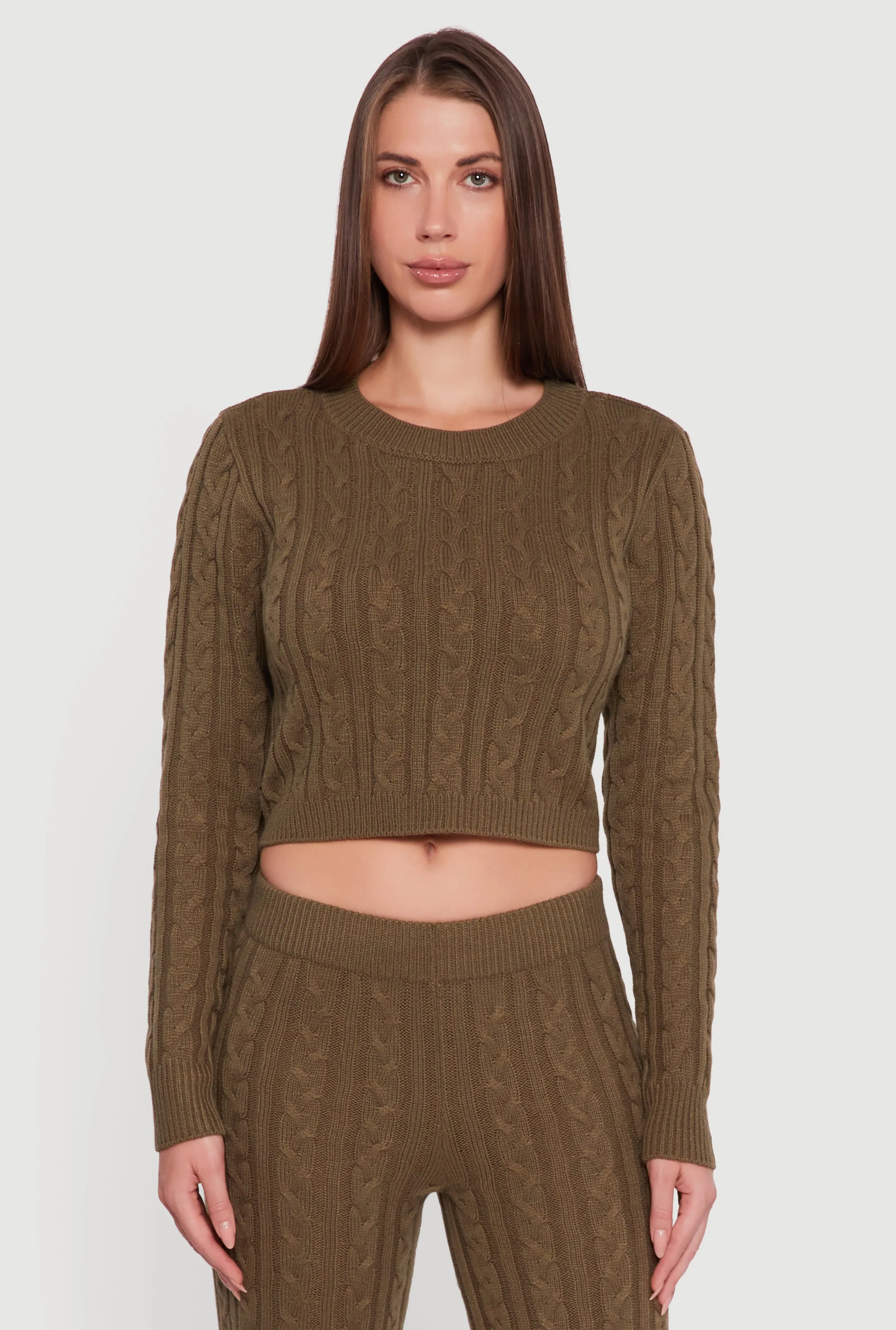 Cropped Cable Knit Long Sleeve Sweater sold by Rainbow