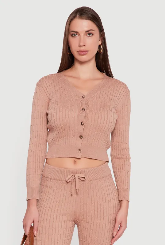 Cable Knit Cropped Button Front Cardigan sold by Rainbow