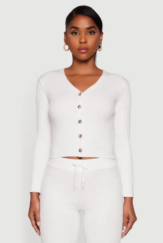 Cable Knit Cropped Button Front Cardigan sold by Rainbow