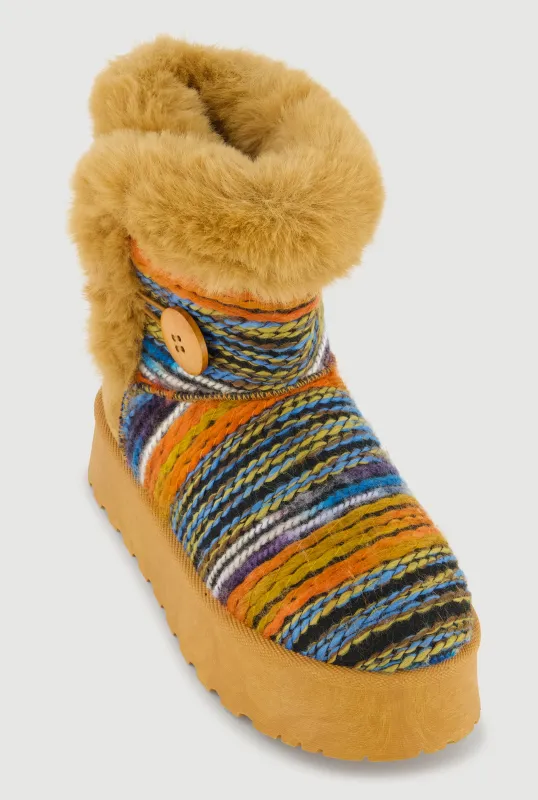 Faux Fur Lined Button Loop Platform Booties sold by Rainbow
