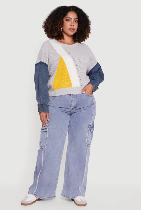 Plus Size Color Block Sweater with Denim Sleeves sold by Rainbow