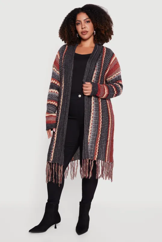 Plus Size Striped Fringe Hem Duster sold by Rainbow
