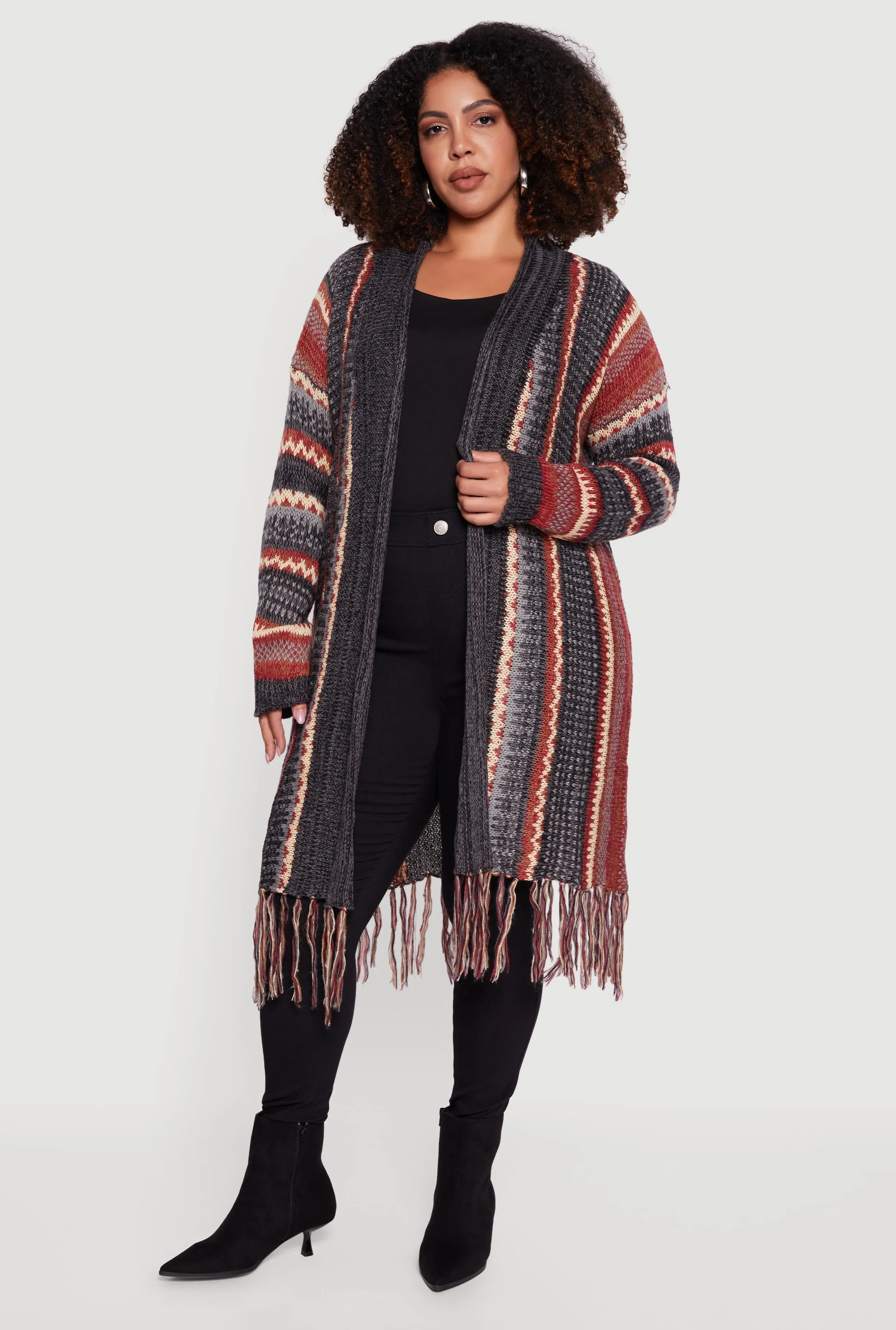 Plus Size Striped Fringe Hem Duster sold by Rainbow