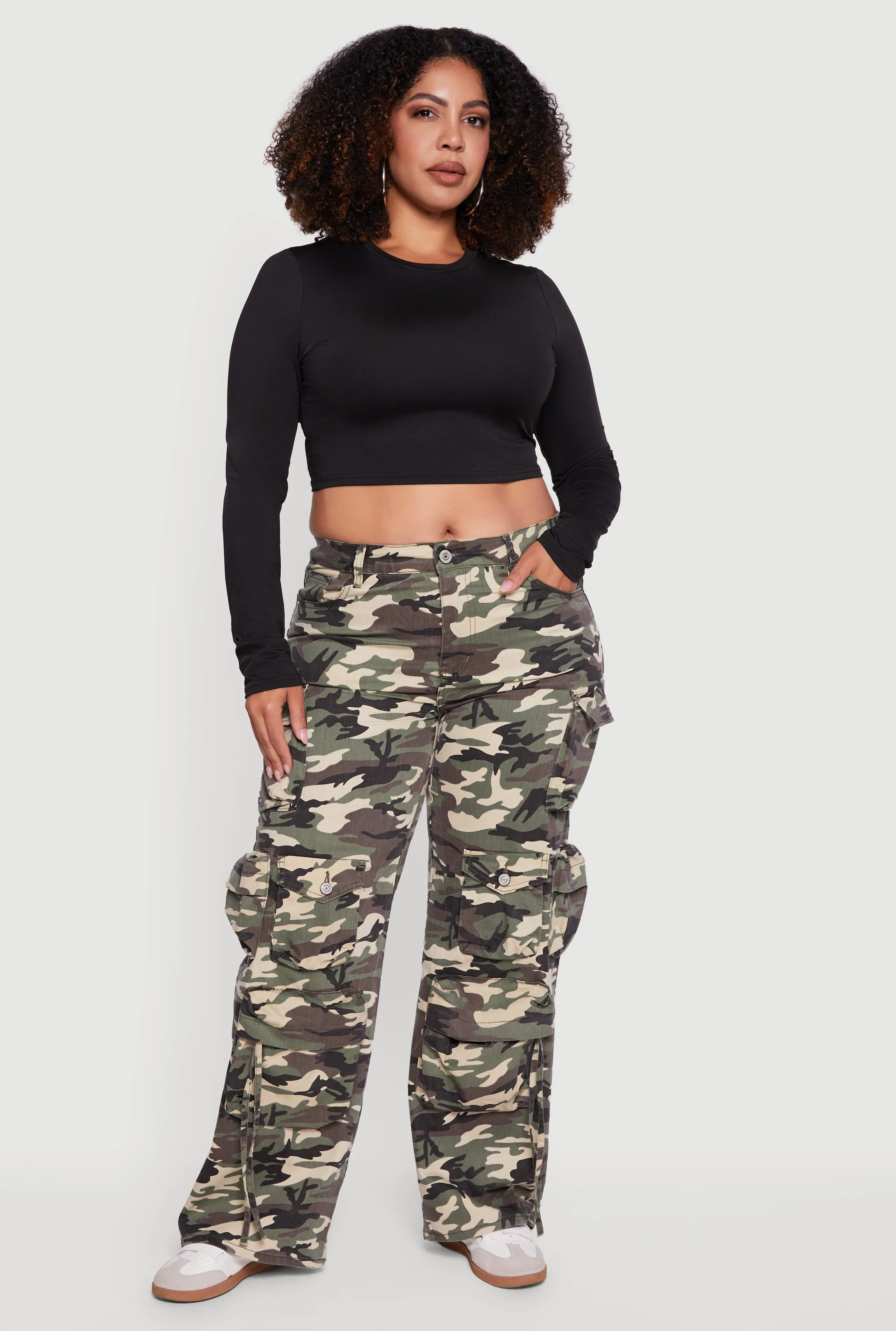 Plus Size High Waisted Wide Leg Camouflage Cargo Pants sold by Rainbow