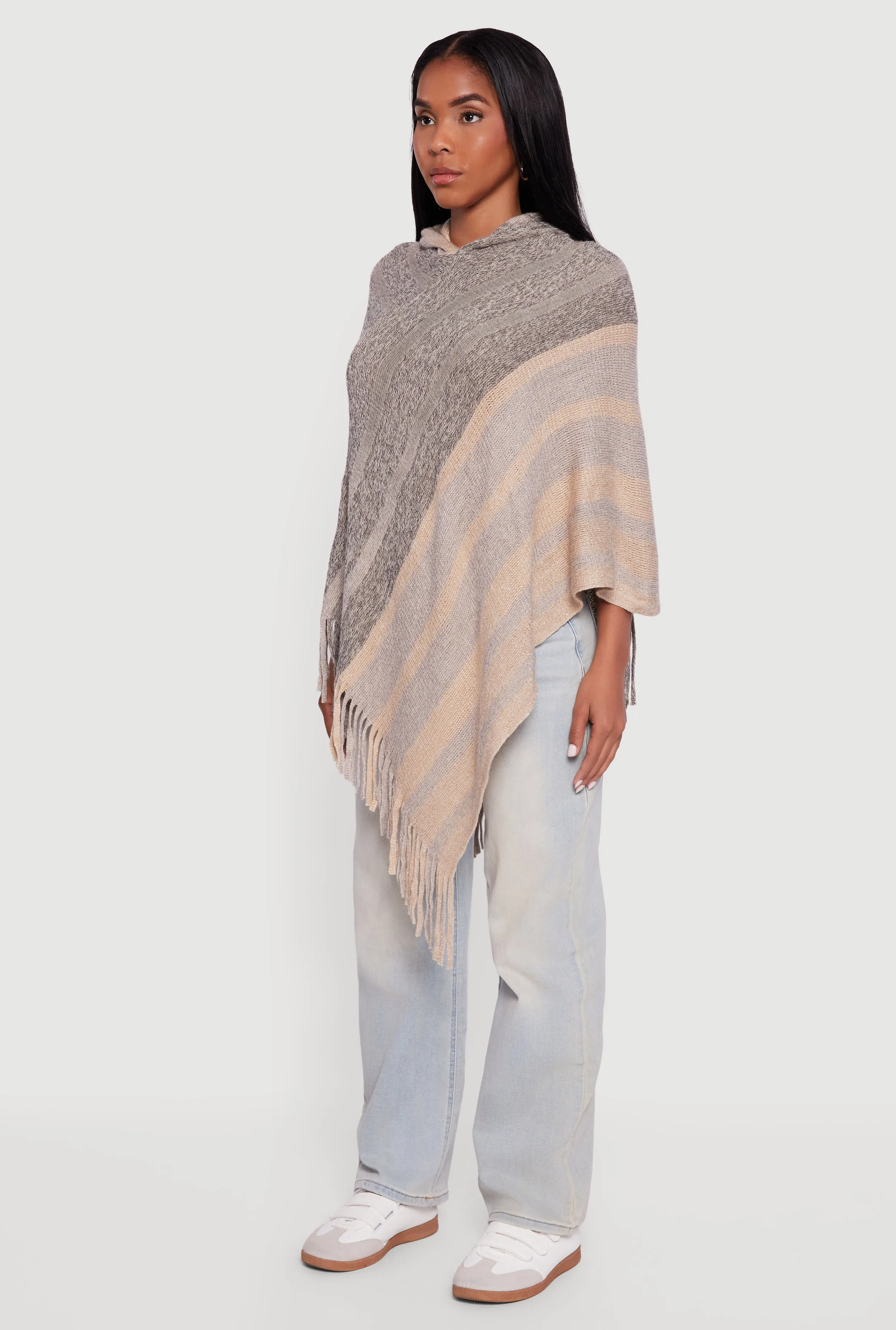 Marled Striped Fringe Hooded Poncho sold by Rainbow product image thumbnail 5