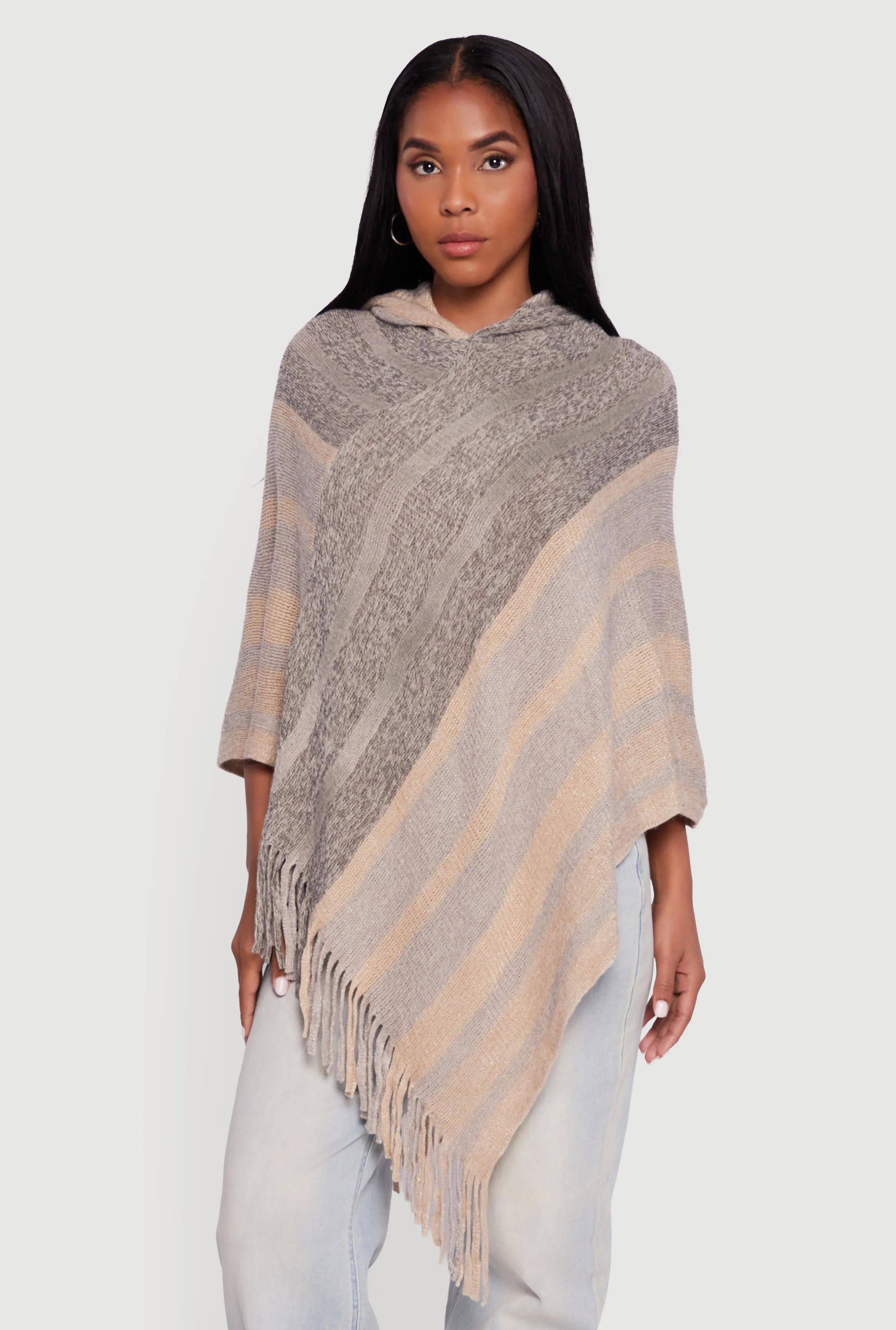 Marled Striped Fringe Hooded Poncho sold by Rainbow product image thumbnail 2