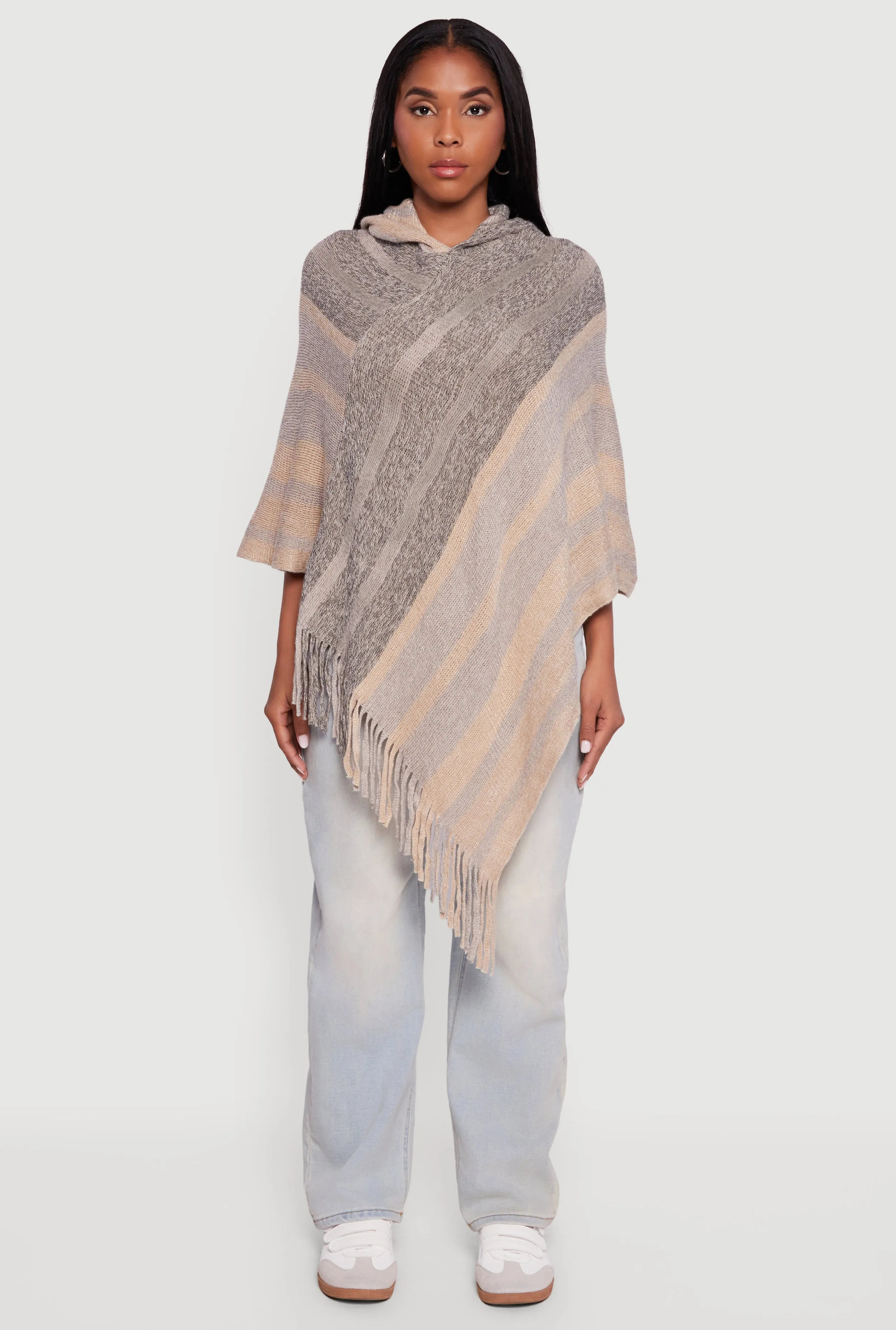 Marled Striped Fringe Hooded Poncho sold by Rainbow product image thumbnail 3
