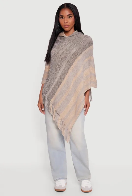 Marled Striped Fringe Hooded Poncho sold by Rainbow