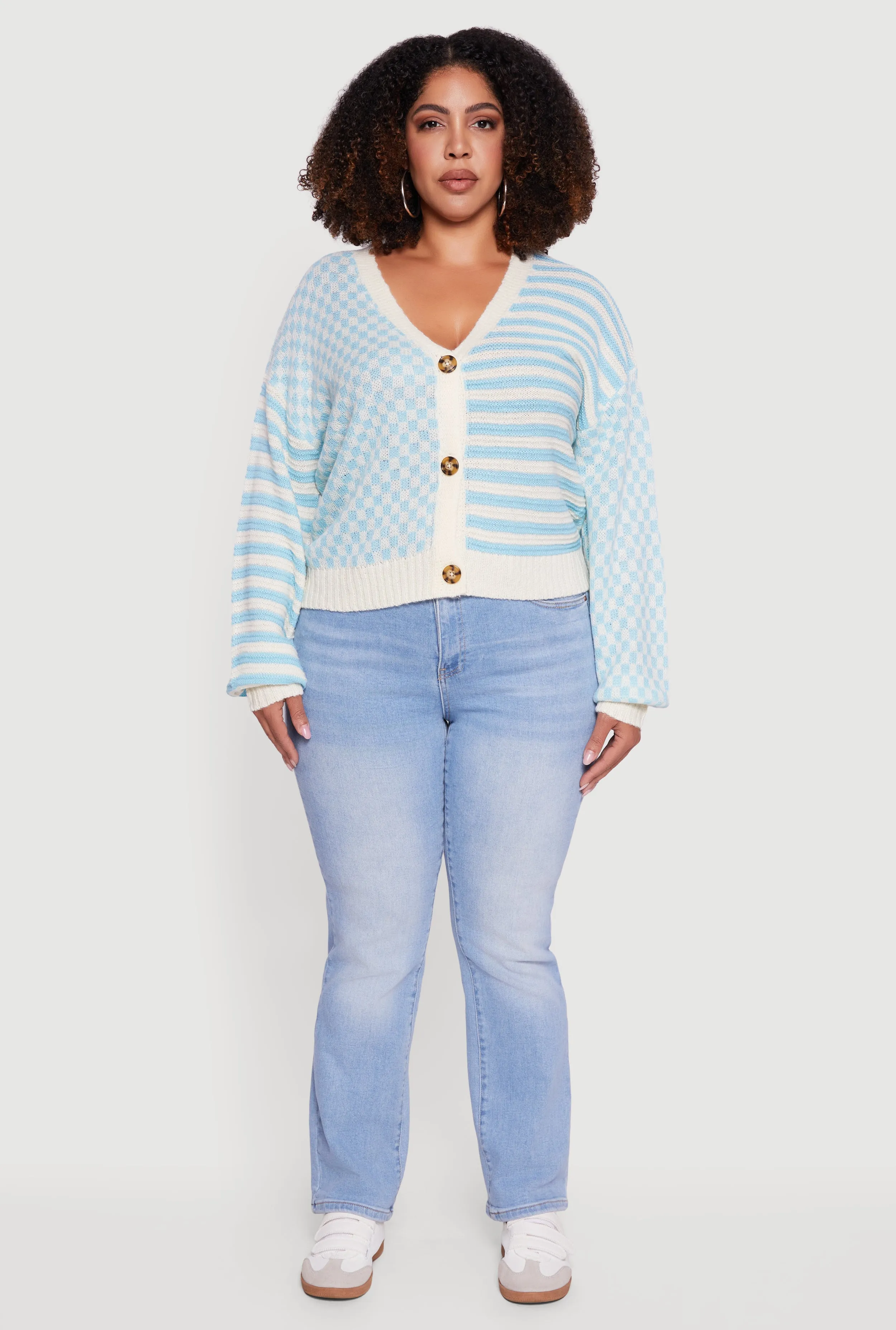 Plus Size Color Blocked Checkered Stripe Cardigan sold by Rainbow product image thumbnail 3