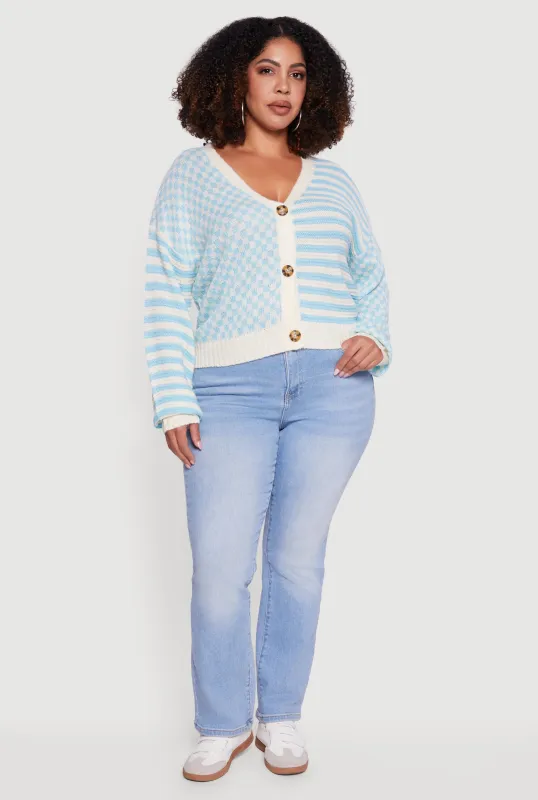 Plus Size Color Blocked Checkered Stripe Cardigan sold by Rainbow