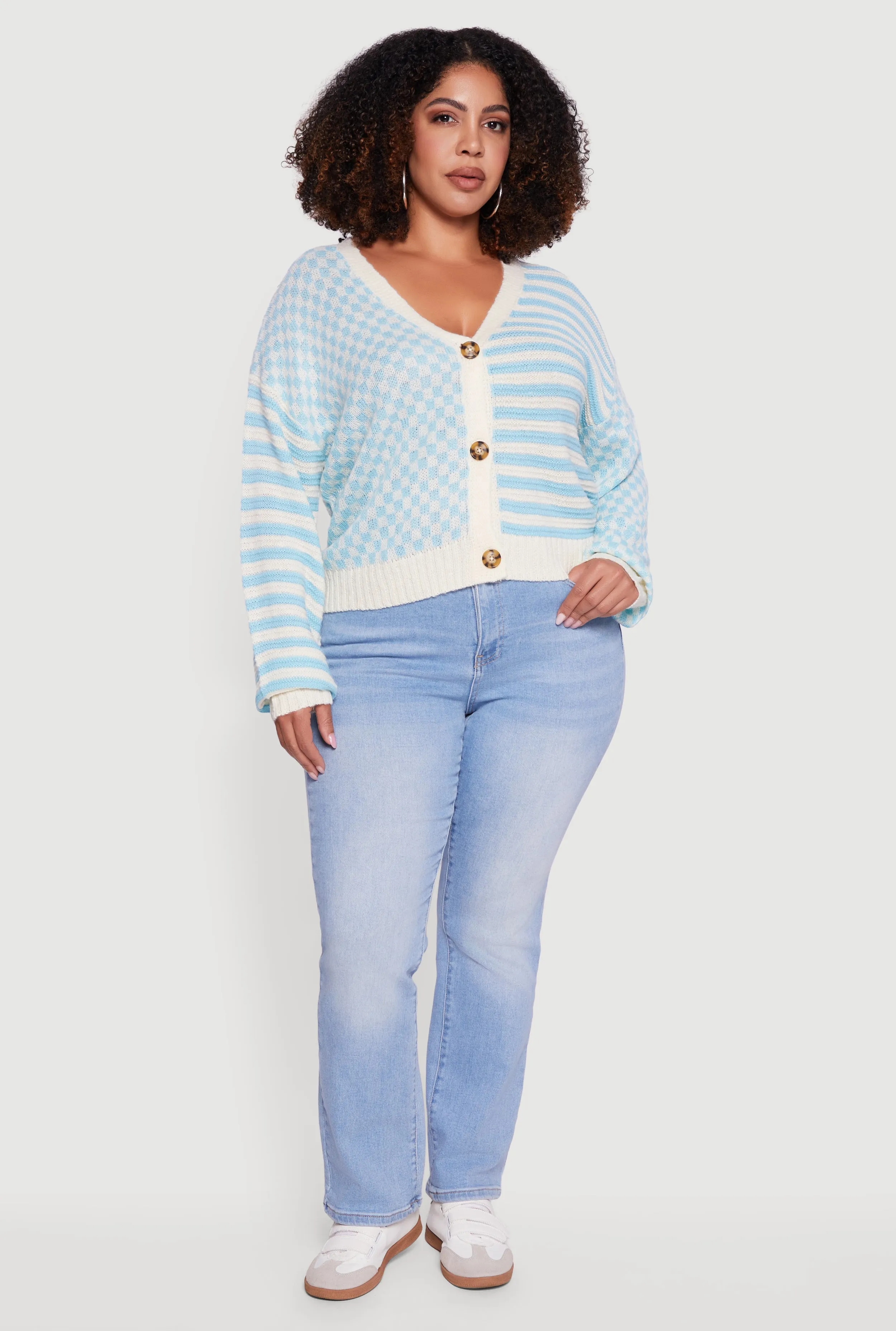 Plus Size Color Blocked Checkered Stripe Cardigan sold by Rainbow