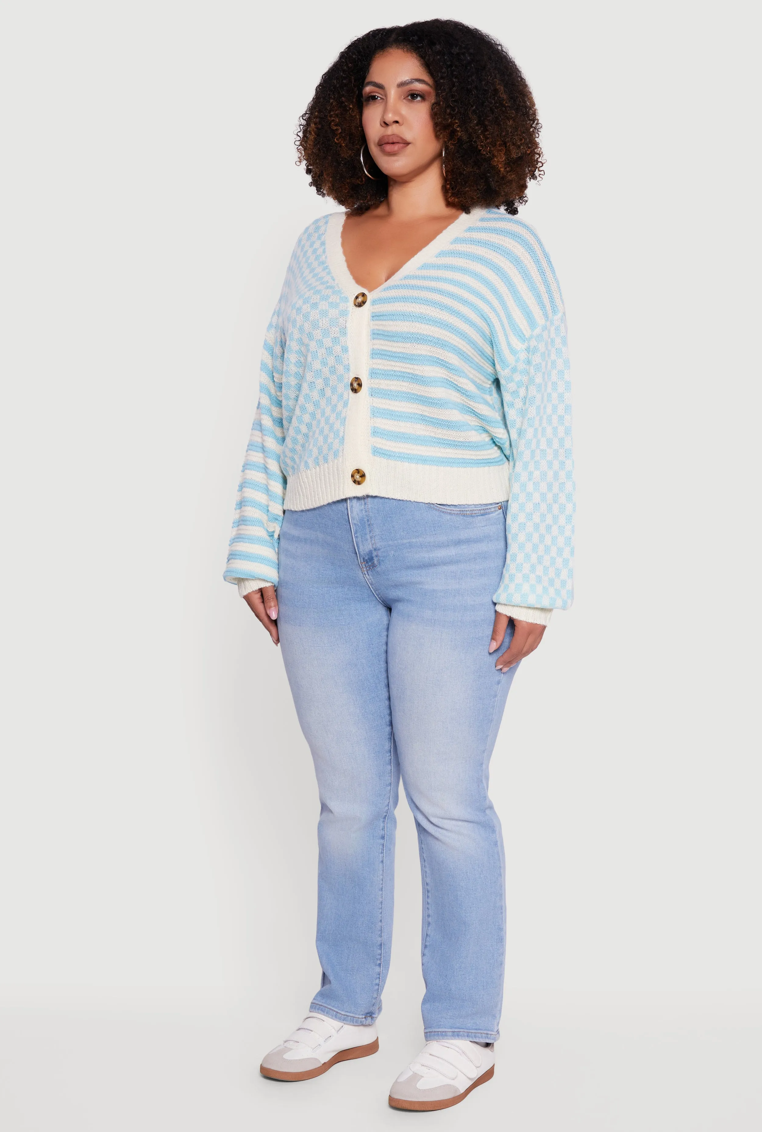 Plus Size Color Blocked Checkered Stripe Cardigan sold by Rainbow product image thumbnail 5