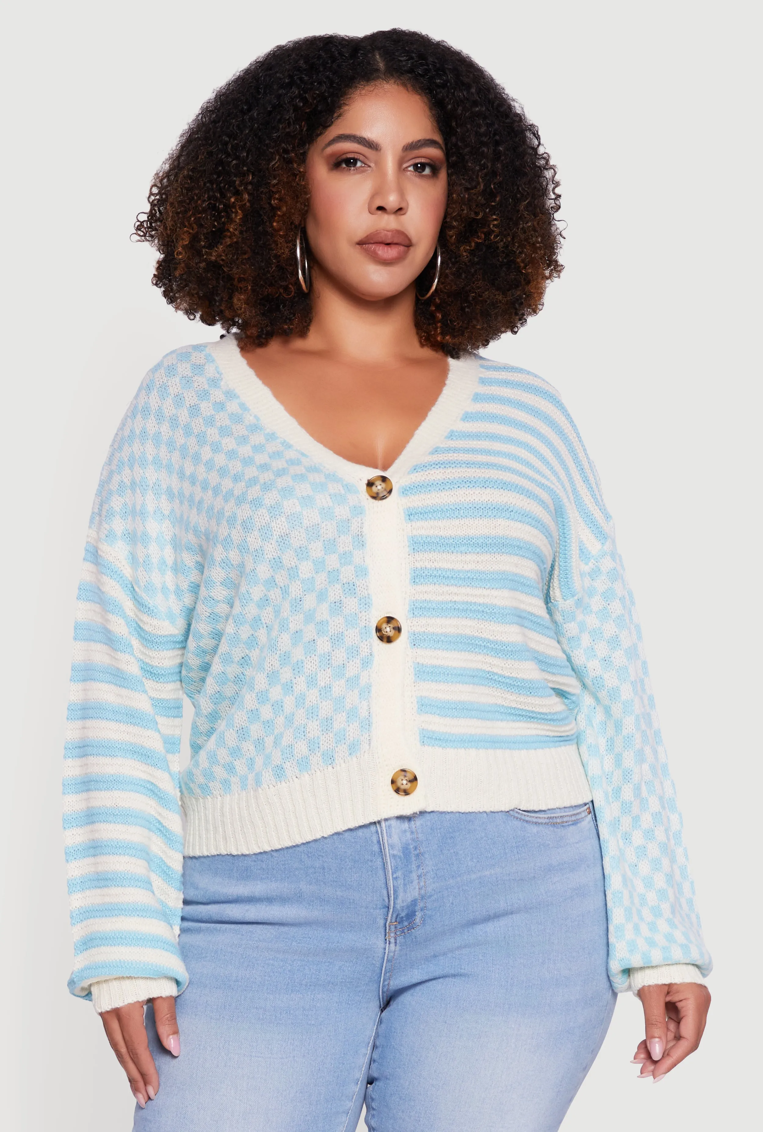 Plus Size Color Blocked Checkered Stripe Cardigan sold by Rainbow product image thumbnail 2