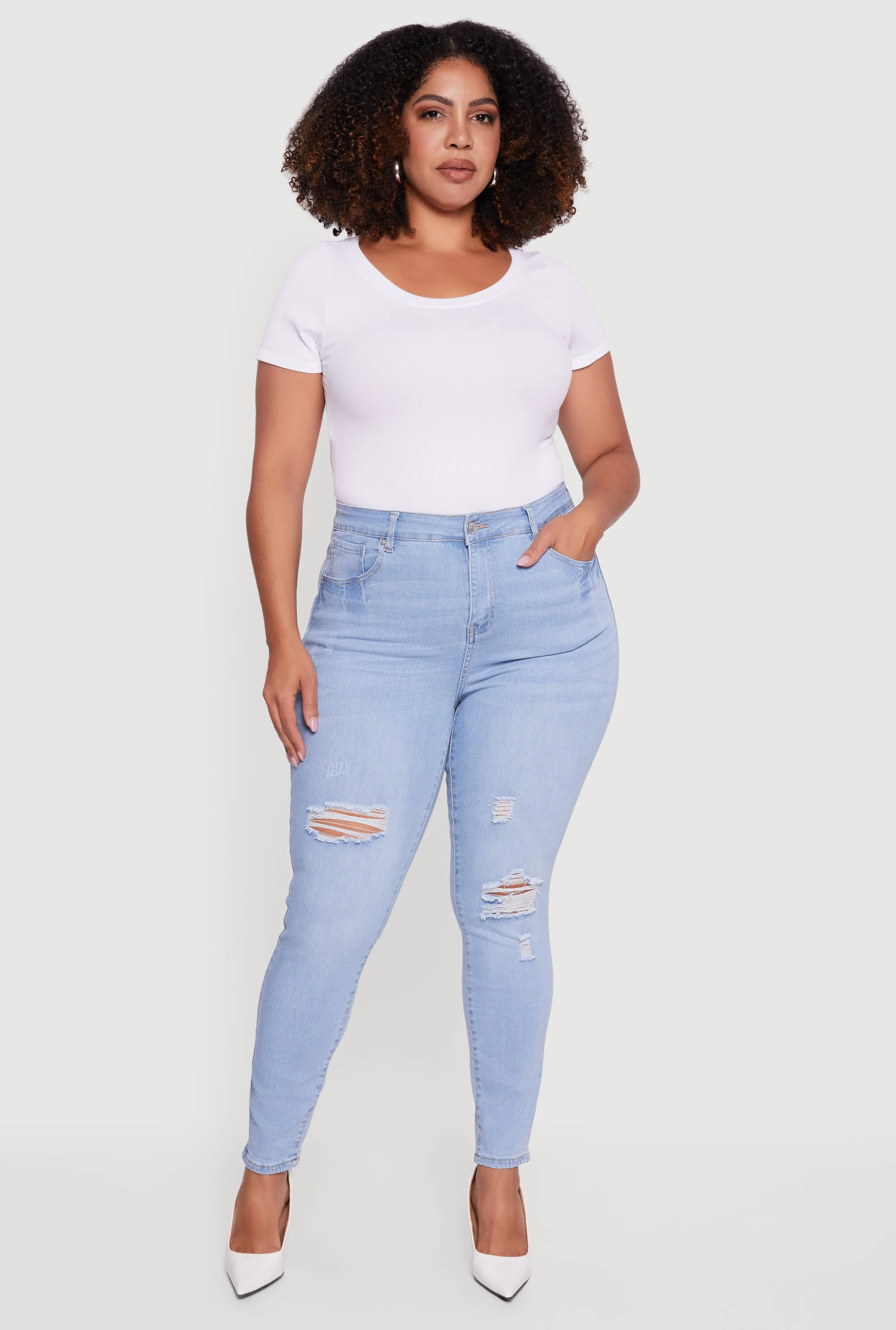 Plus Size High Waisted Distressed Stretchy Skinny Jeans sold by Rainbow