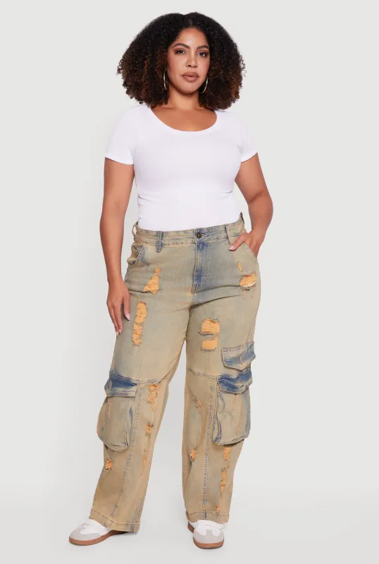 Plus Size High Waisted Distressed Acid Wash Jeans sold by Rainbow