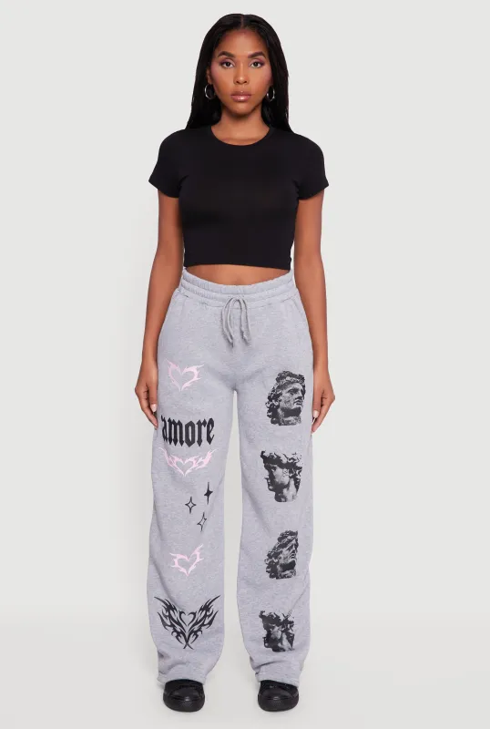 Amore Graphic Drawstring Waist Wide Leg Sweatpants sold by Rainbow