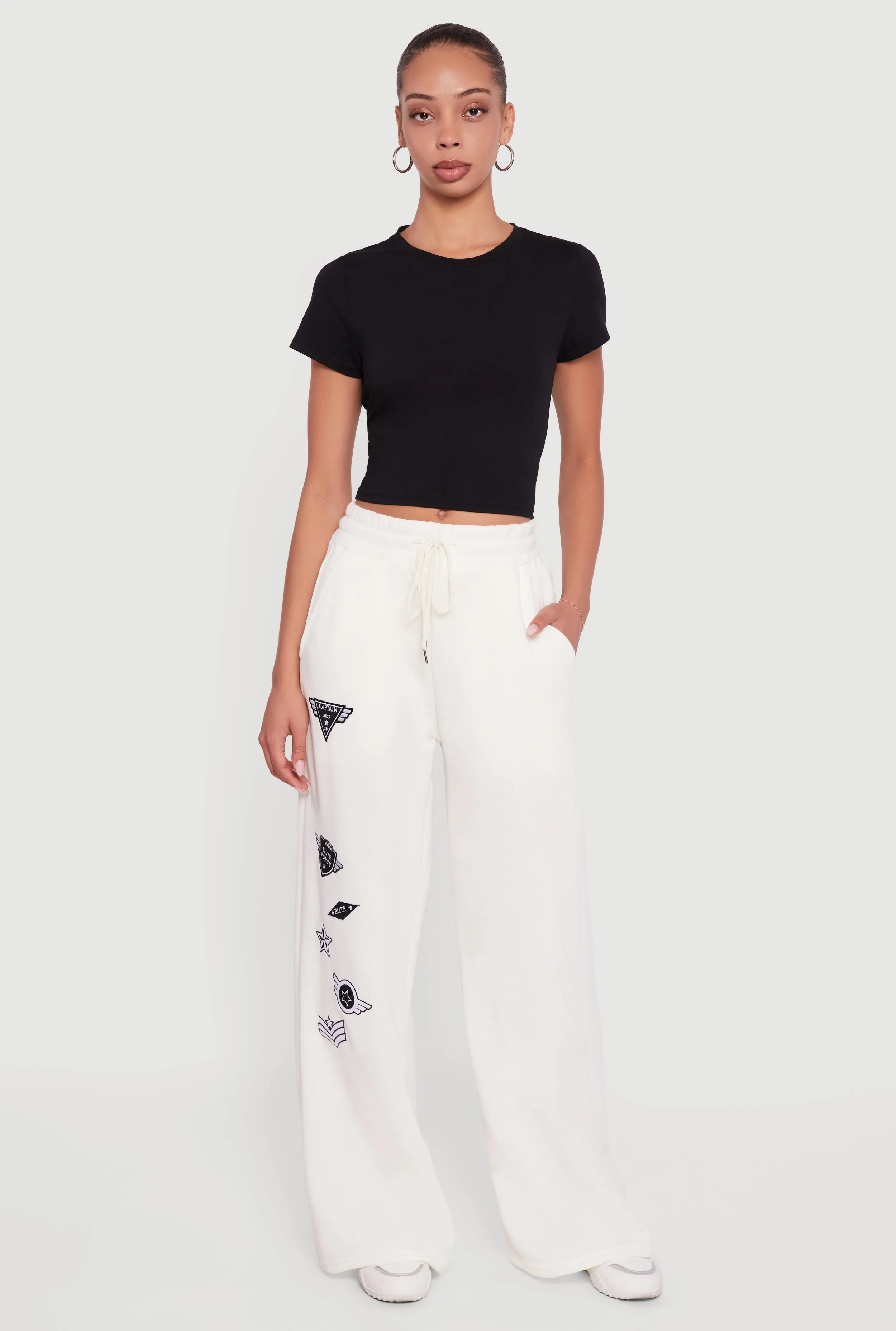 Embroidered Patch Drawstring Waist Wide Leg Sweatpants sold by Rainbow