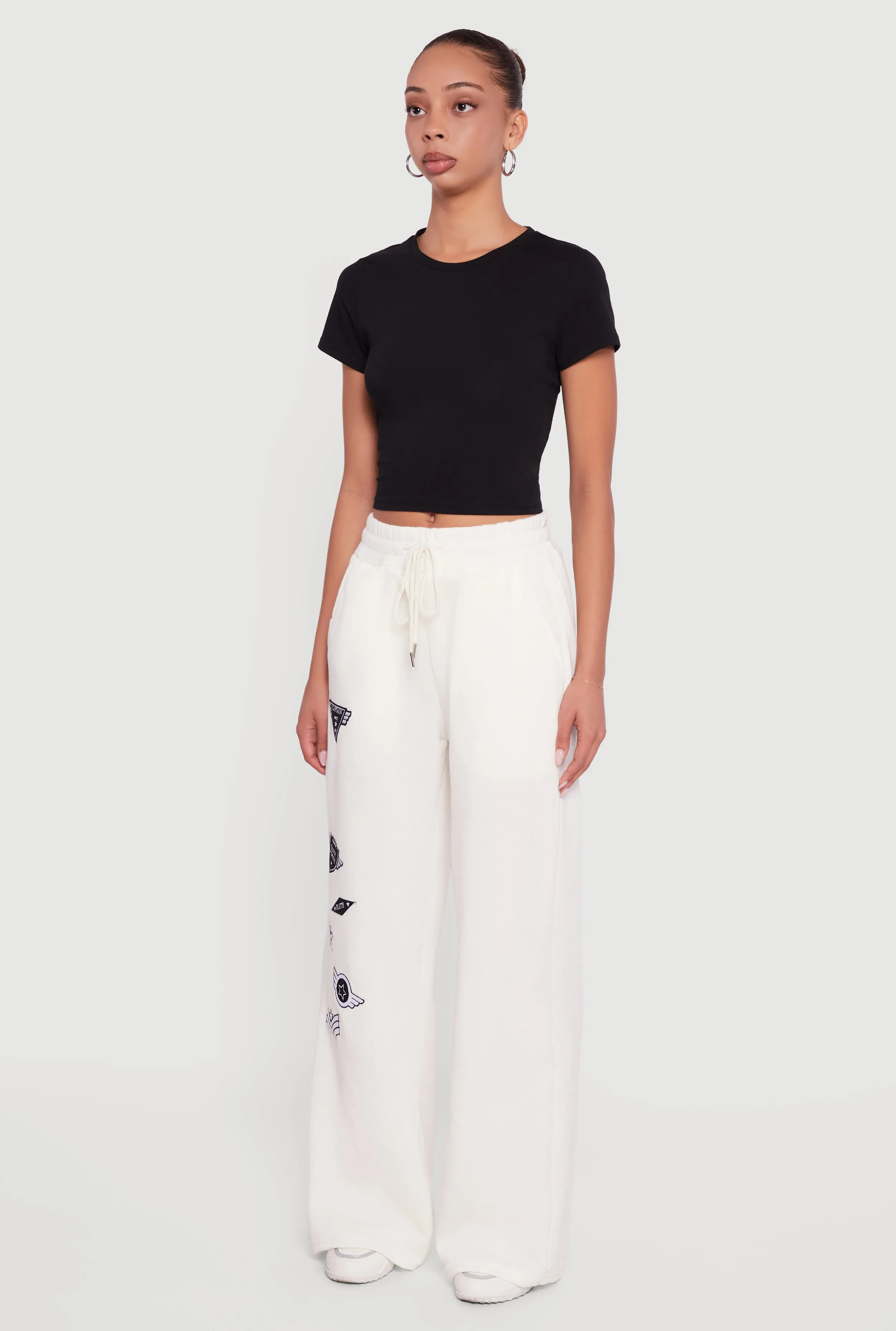 Embroidered Patch Drawstring Waist Wide Leg Sweatpants sold by Rainbow product image thumbnail 3