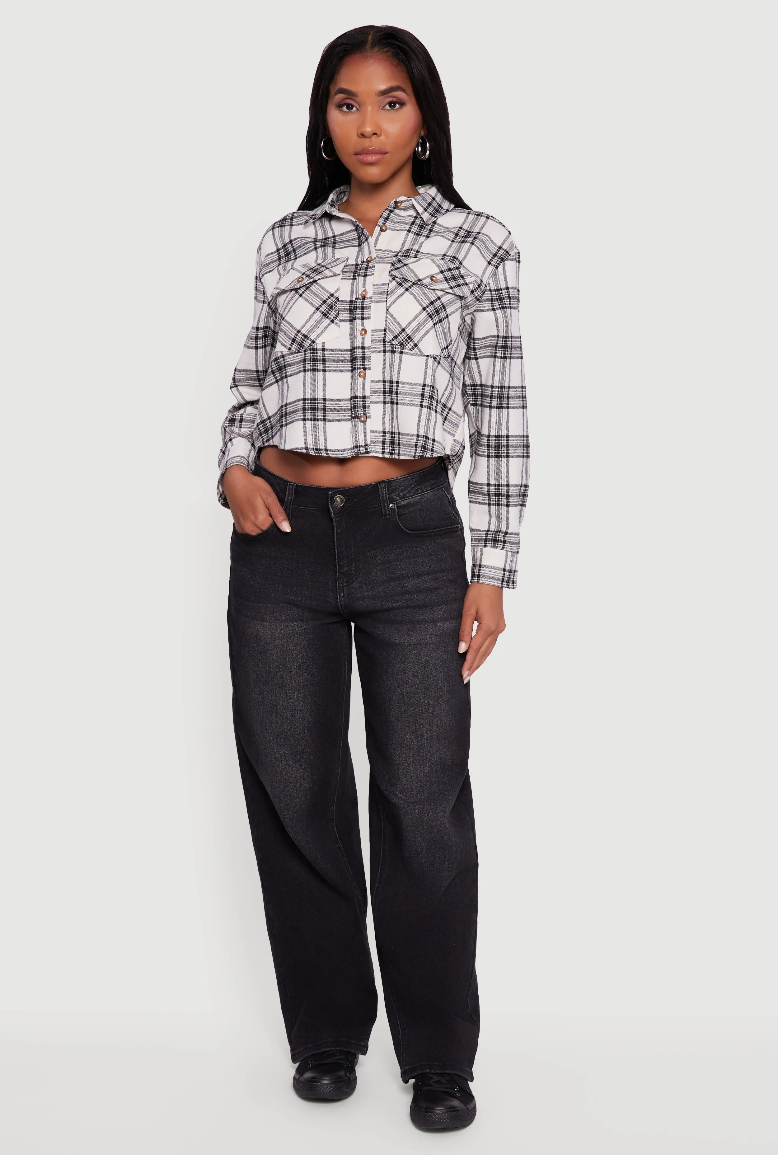 Plaid Flap Pocket Cropped Button Front Shirt sold by Rainbow product image thumbnail 3