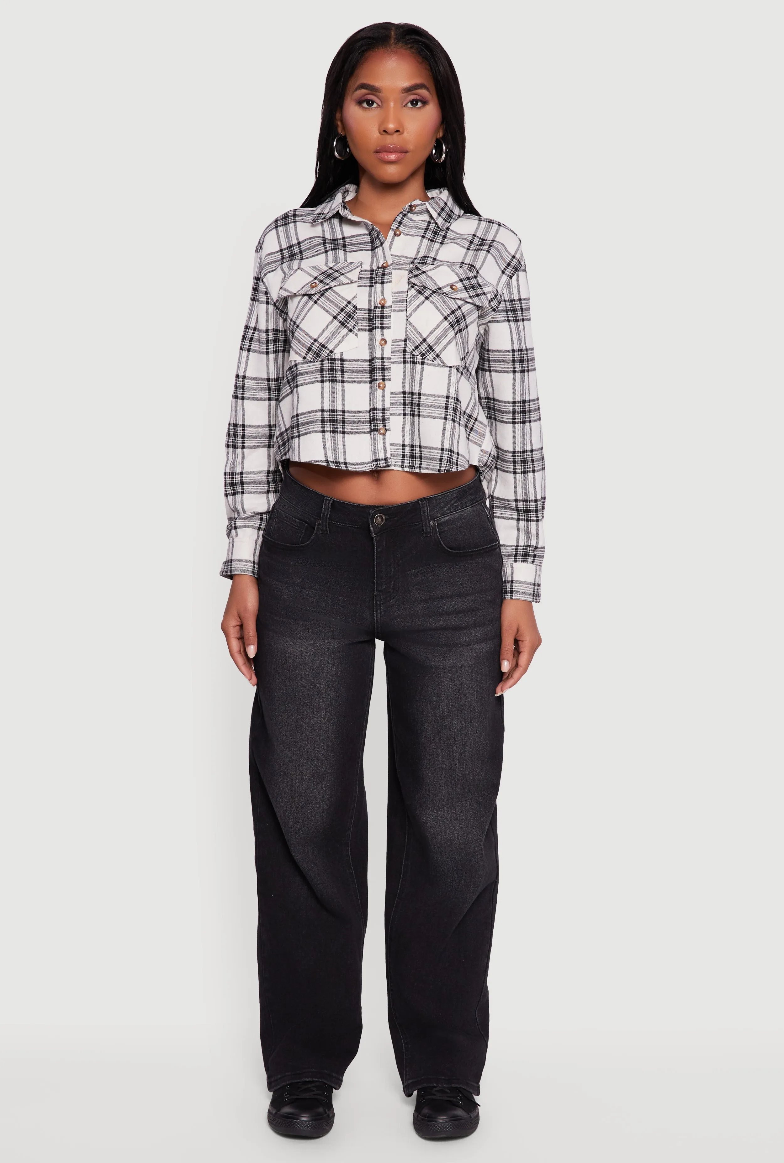 Plaid Flap Pocket Cropped Button Front Shirt sold by Rainbow