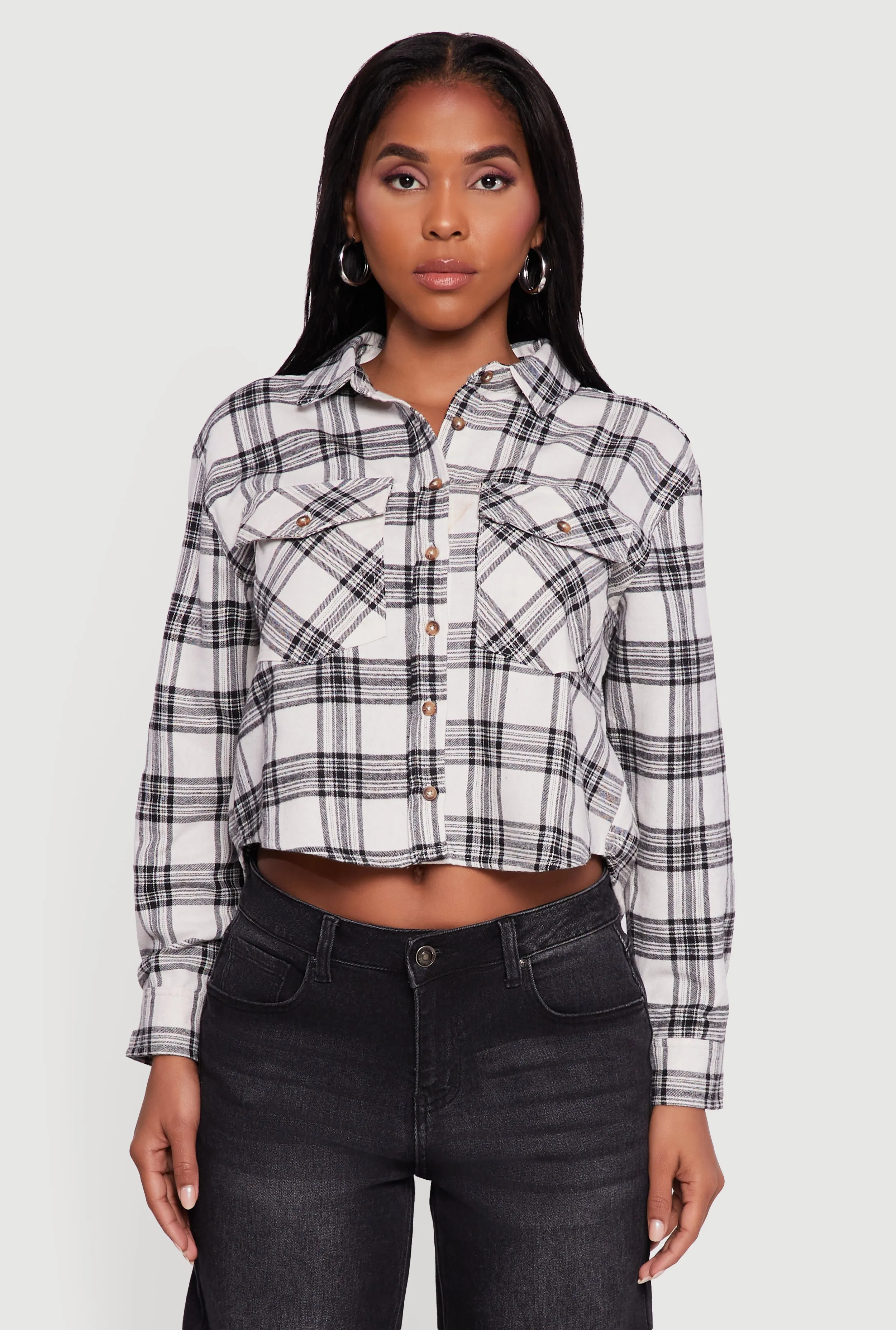 Plaid Flap Pocket Cropped Button Front Shirt sold by Rainbow product image thumbnail 2