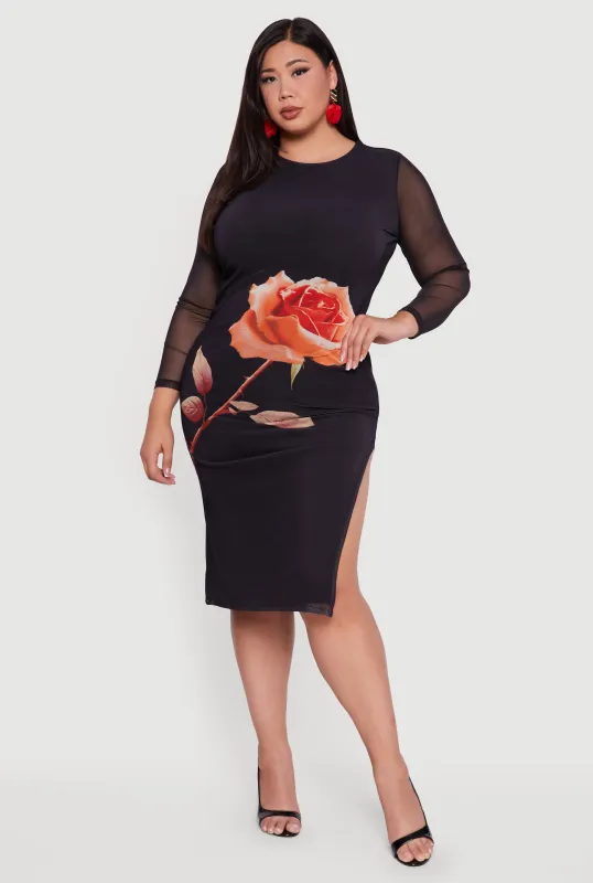 Plus Size Side Slit Floral Mesh Overlay Midi Dress sold by Rainbow