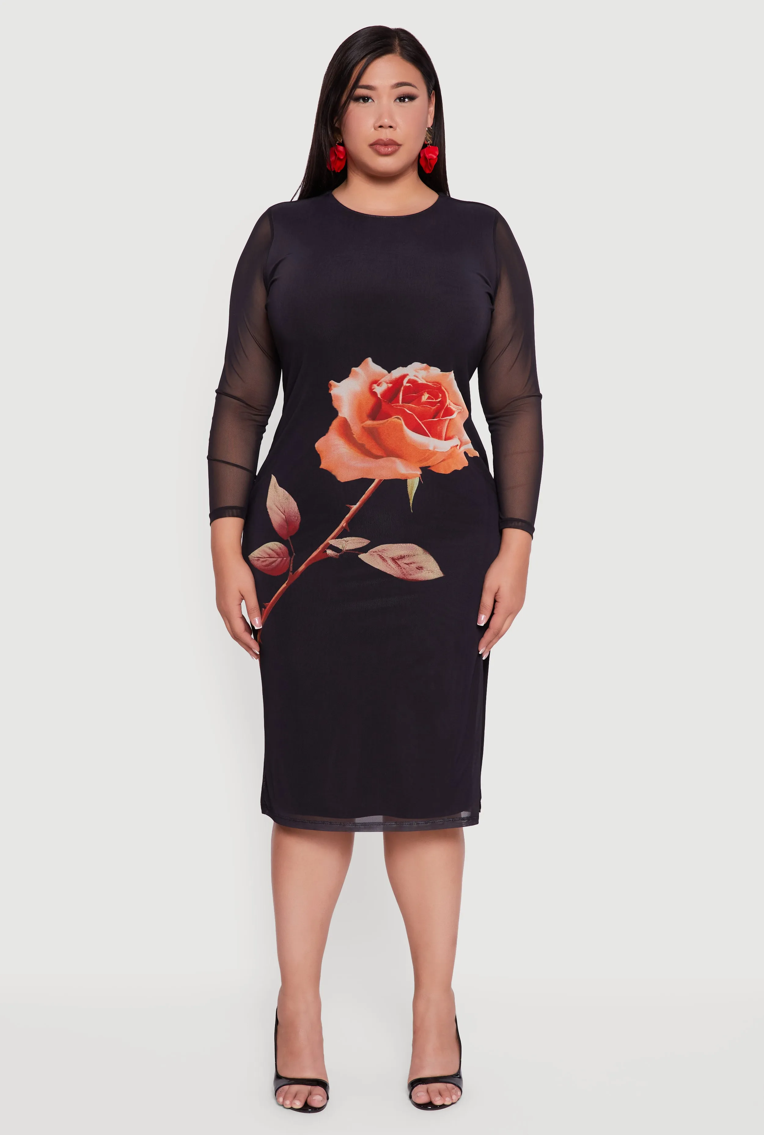 Plus Size Side Slit Floral Mesh Overlay Midi Dress sold by Rainbow product image thumbnail 2