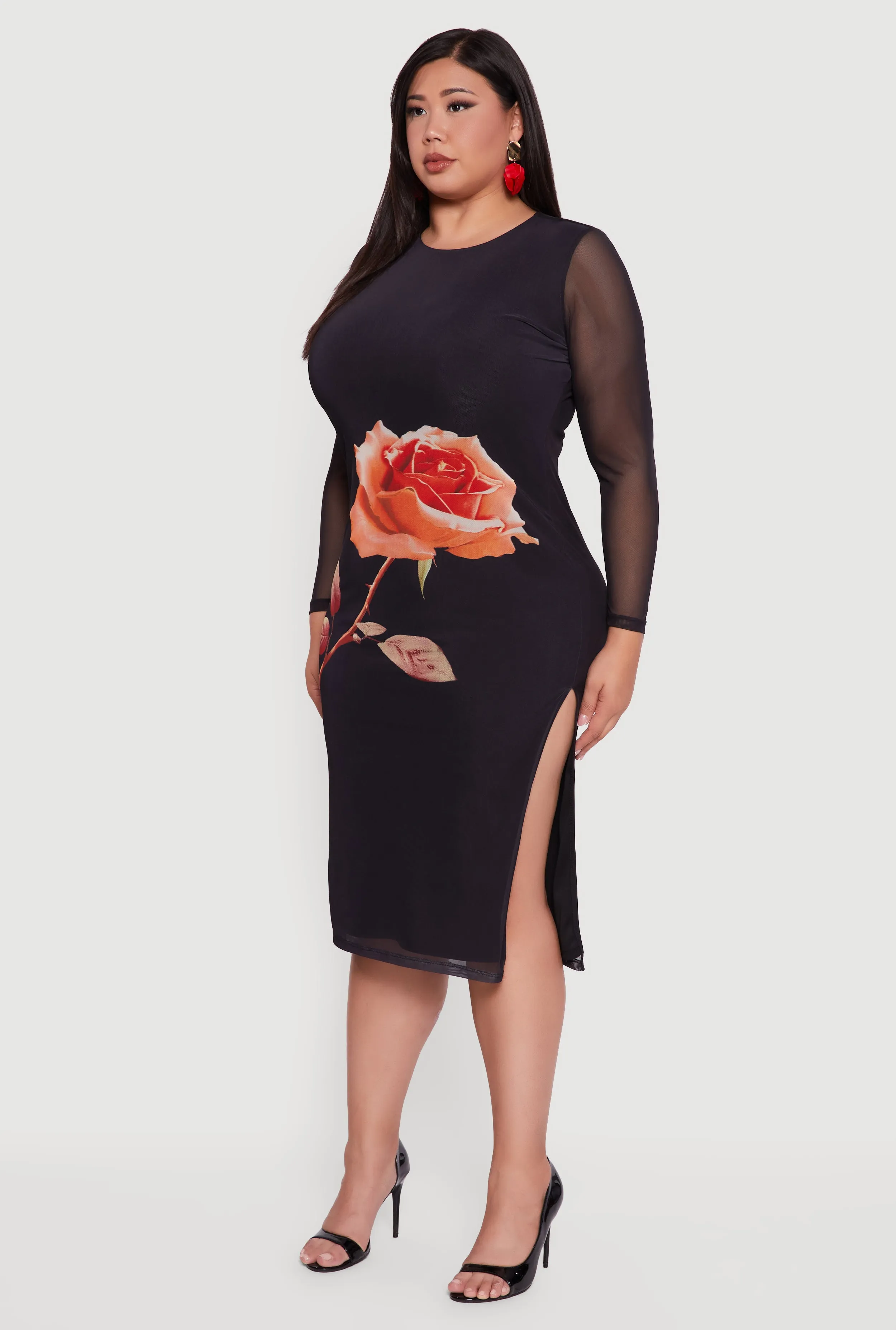 Plus Size Side Slit Floral Mesh Overlay Midi Dress sold by Rainbow product image thumbnail 3