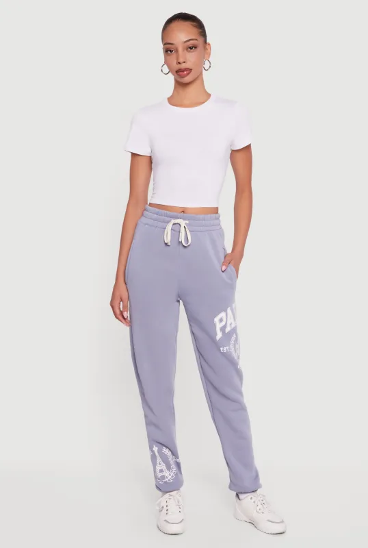 Drawstring Waist Paris Graphic Fleece Lined Joggers sold by Rainbow