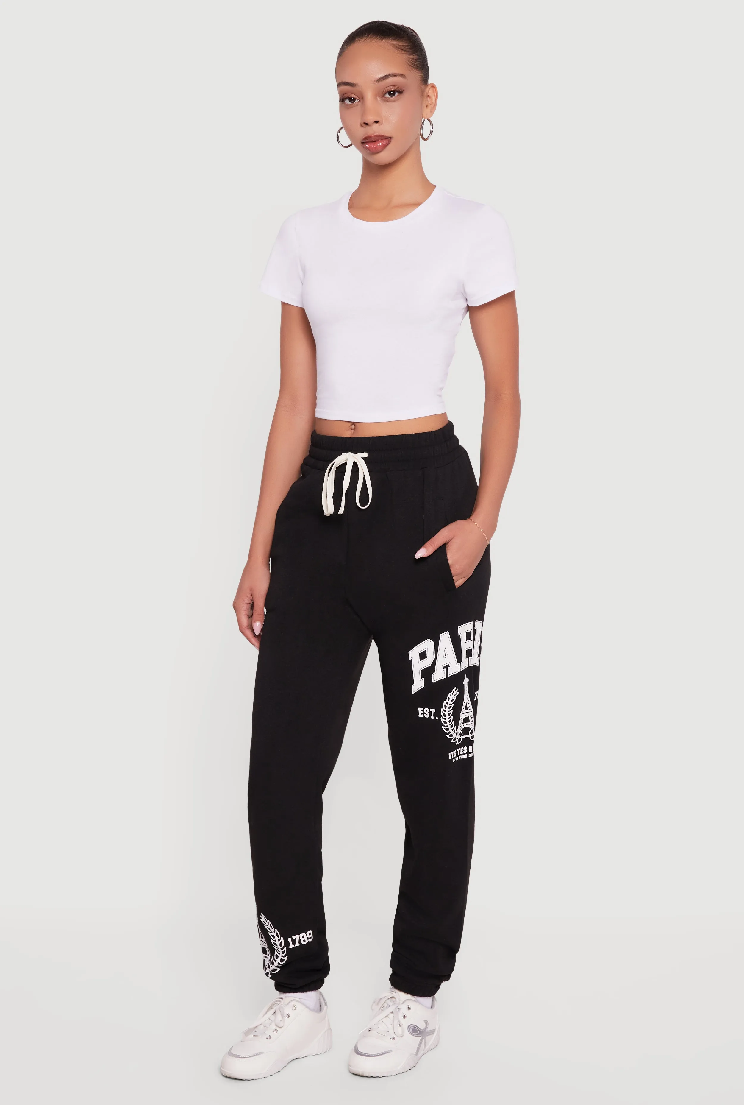 Drawstring Waist Paris Graphic Fleece Lined Joggers sold by Rainbow