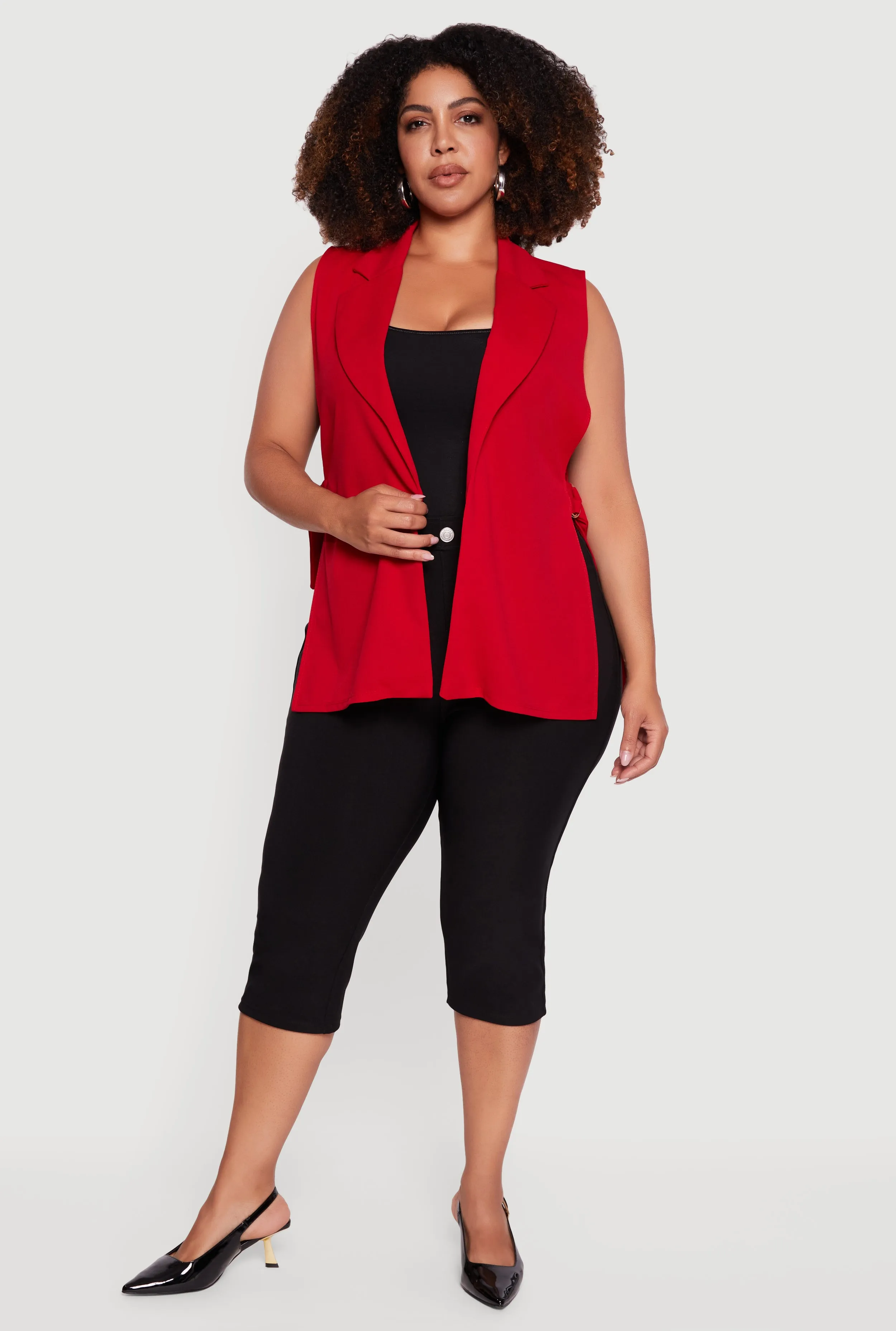 Plus Size Crepe Knit Open Belted Side Blazer Vest sold by Rainbow