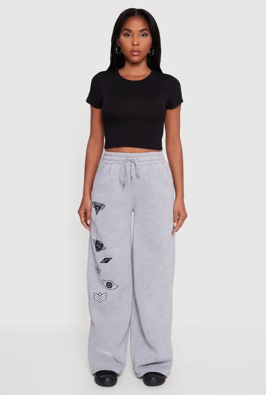 Embroidered Patch Drawstring Waist Wide Leg Sweatpants sold by Rainbow