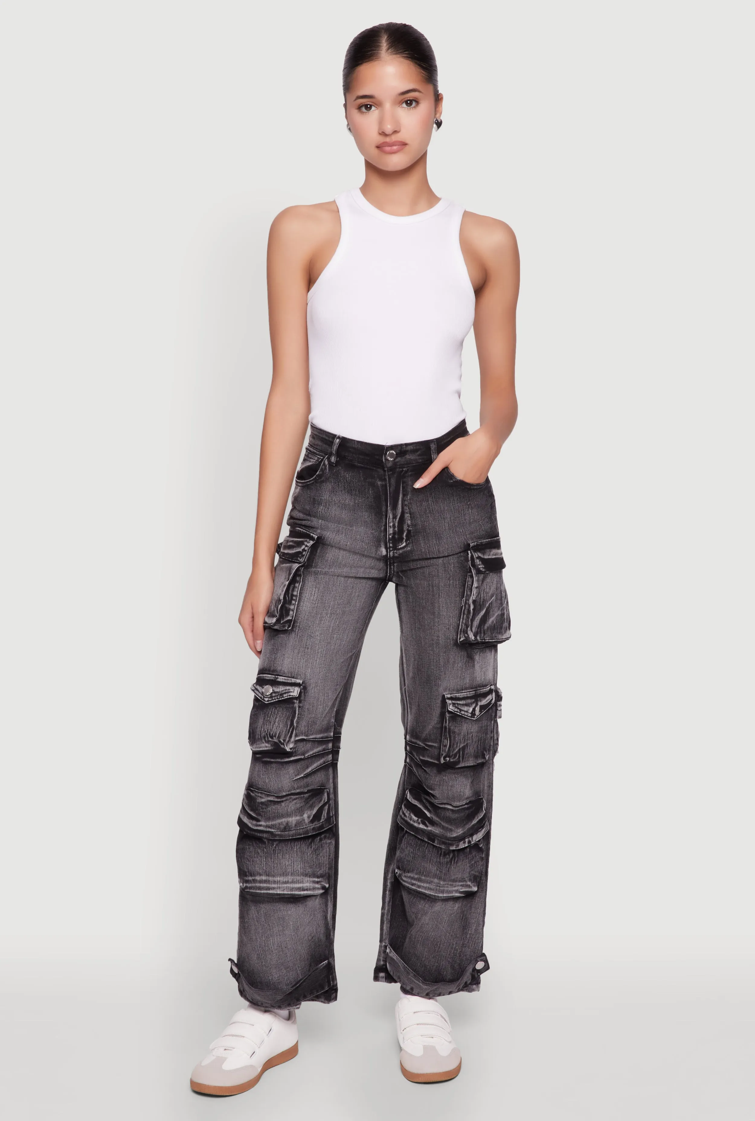 Daisy Acid Wash High Waisted Wide Leg Cargo Jeans sold by Rainbow