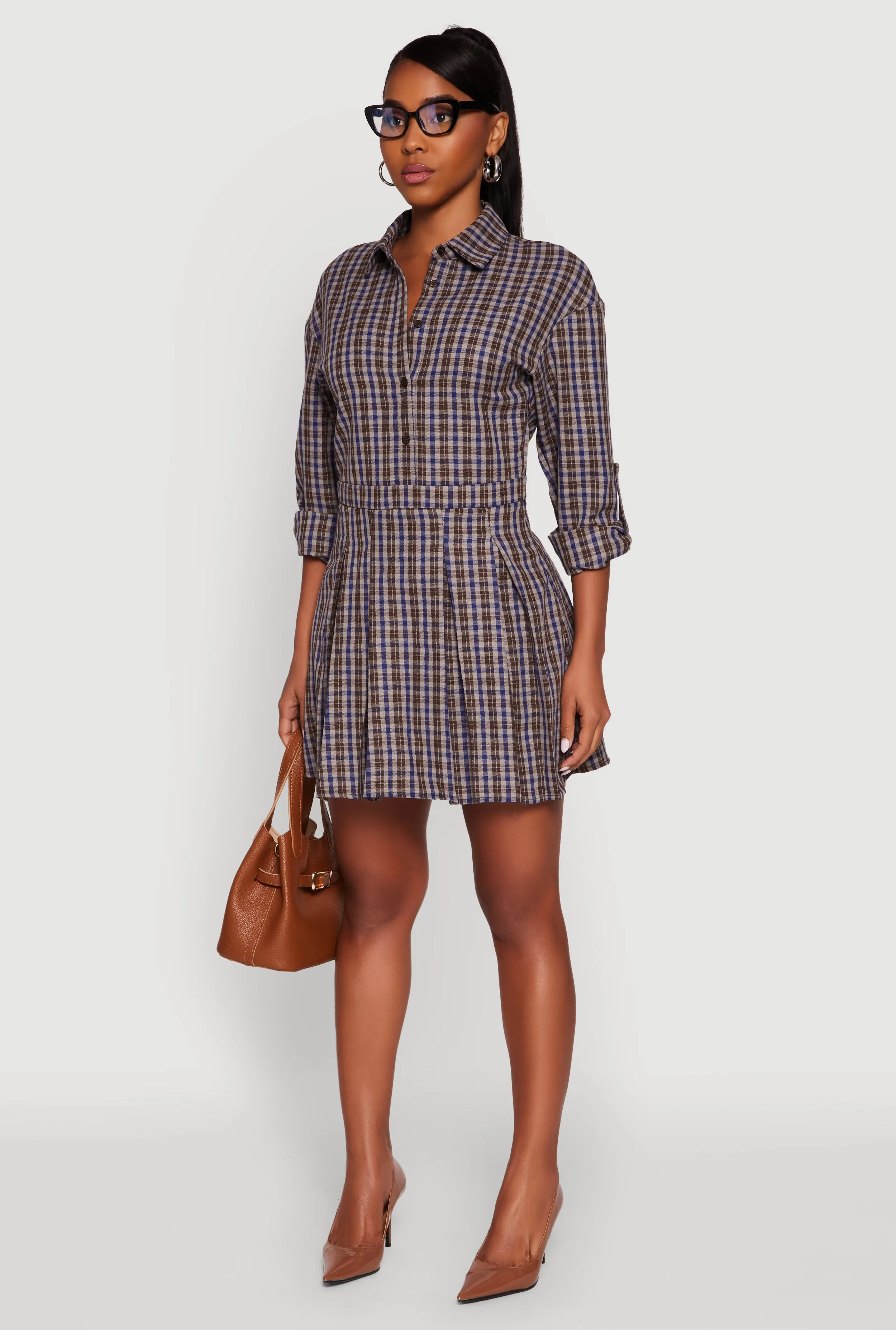 Plaid Tabbed Sleeve Button Front Shirt Dress sold by Rainbow product image thumbnail 3