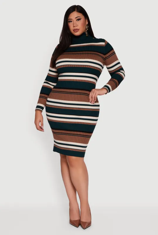 Plus Size Striped Button Detail Turtleneck Sweater Dress sold by Rainbow