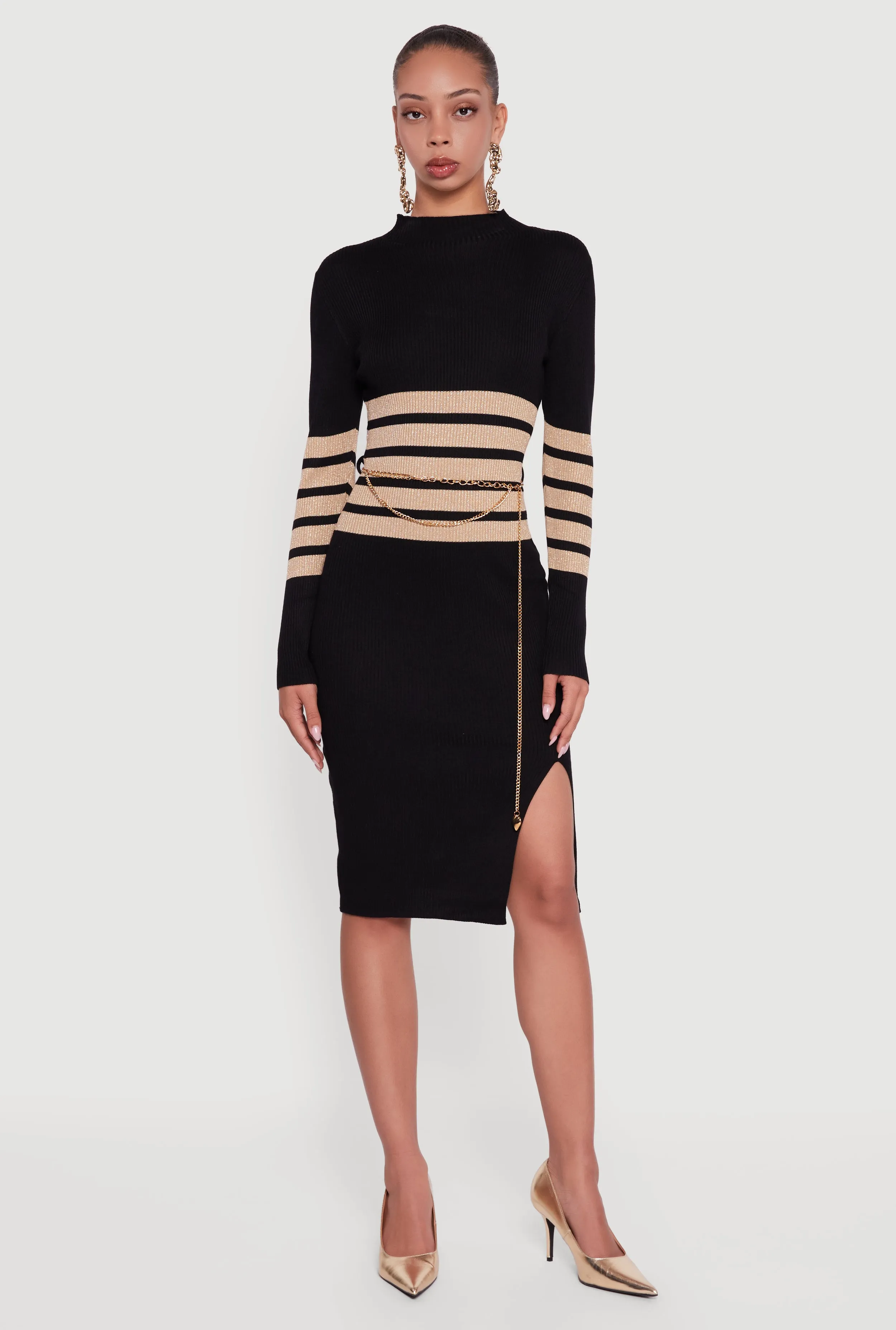 Lurex Striped Side Slit Sweater Dress with Chain Belt sold by Rainbow