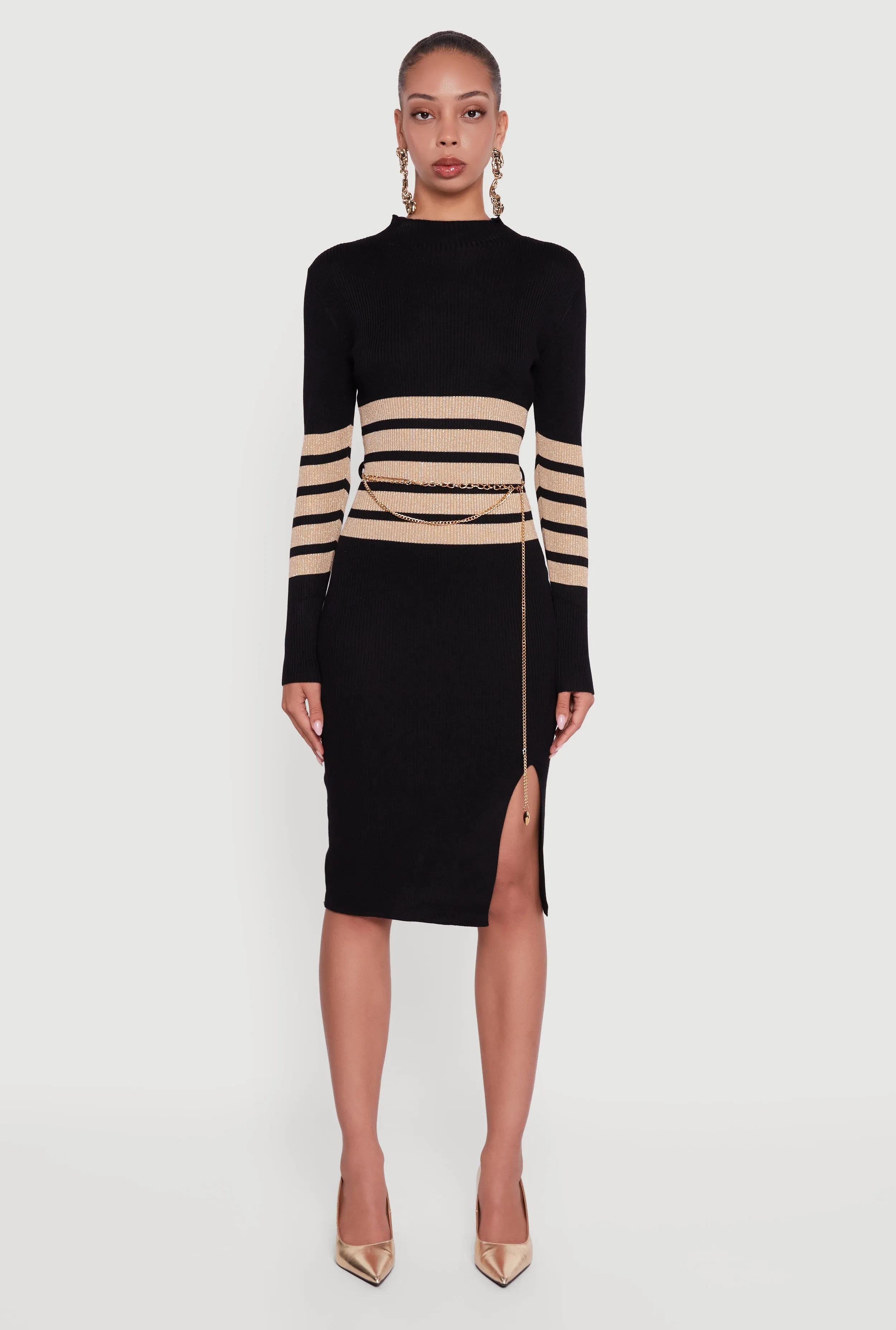 Lurex Striped Side Slit Sweater Dress with Chain Belt sold by Rainbow product image thumbnail 2