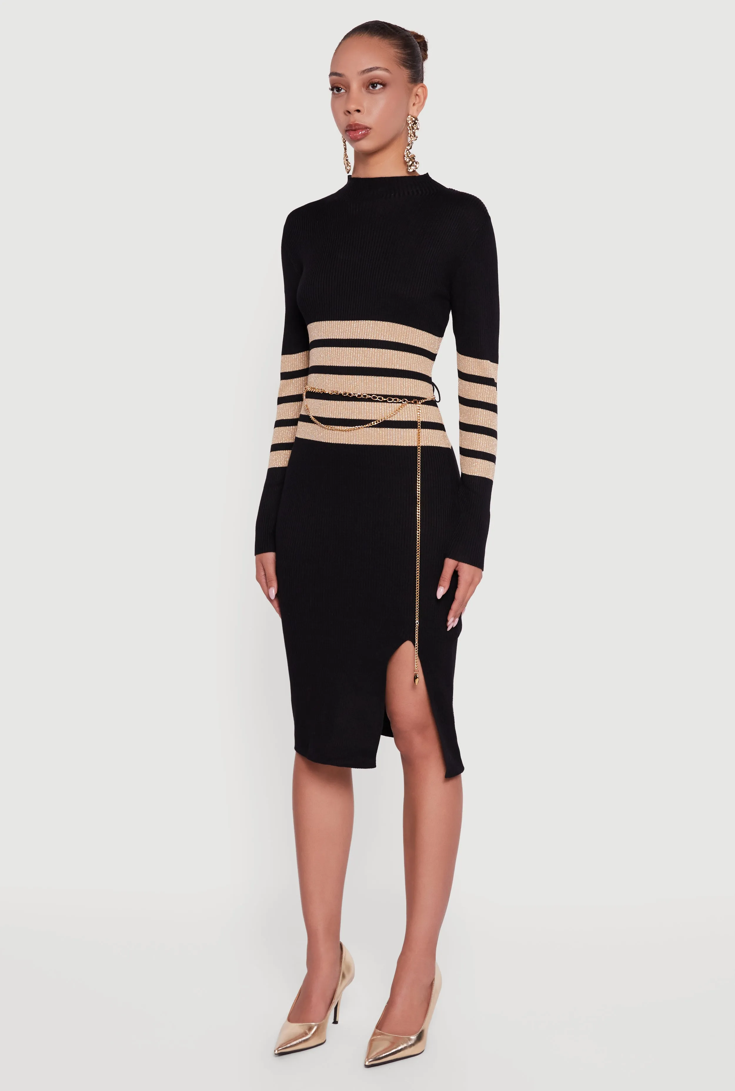 Lurex Striped Side Slit Sweater Dress with Chain Belt sold by Rainbow product image thumbnail 3