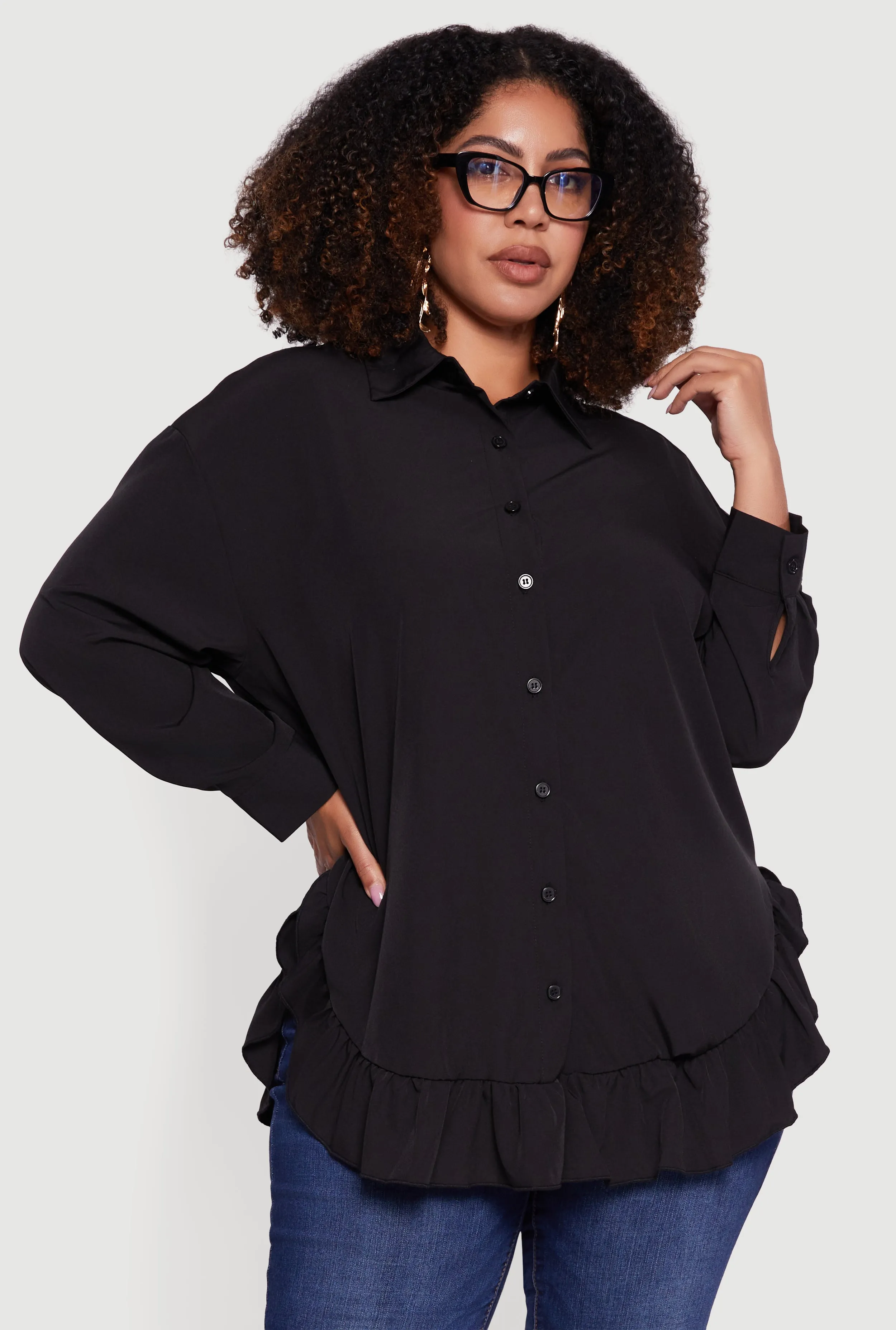 Plus Size Flounce Hem Button Front Shirt sold by Rainbow product image thumbnail 2