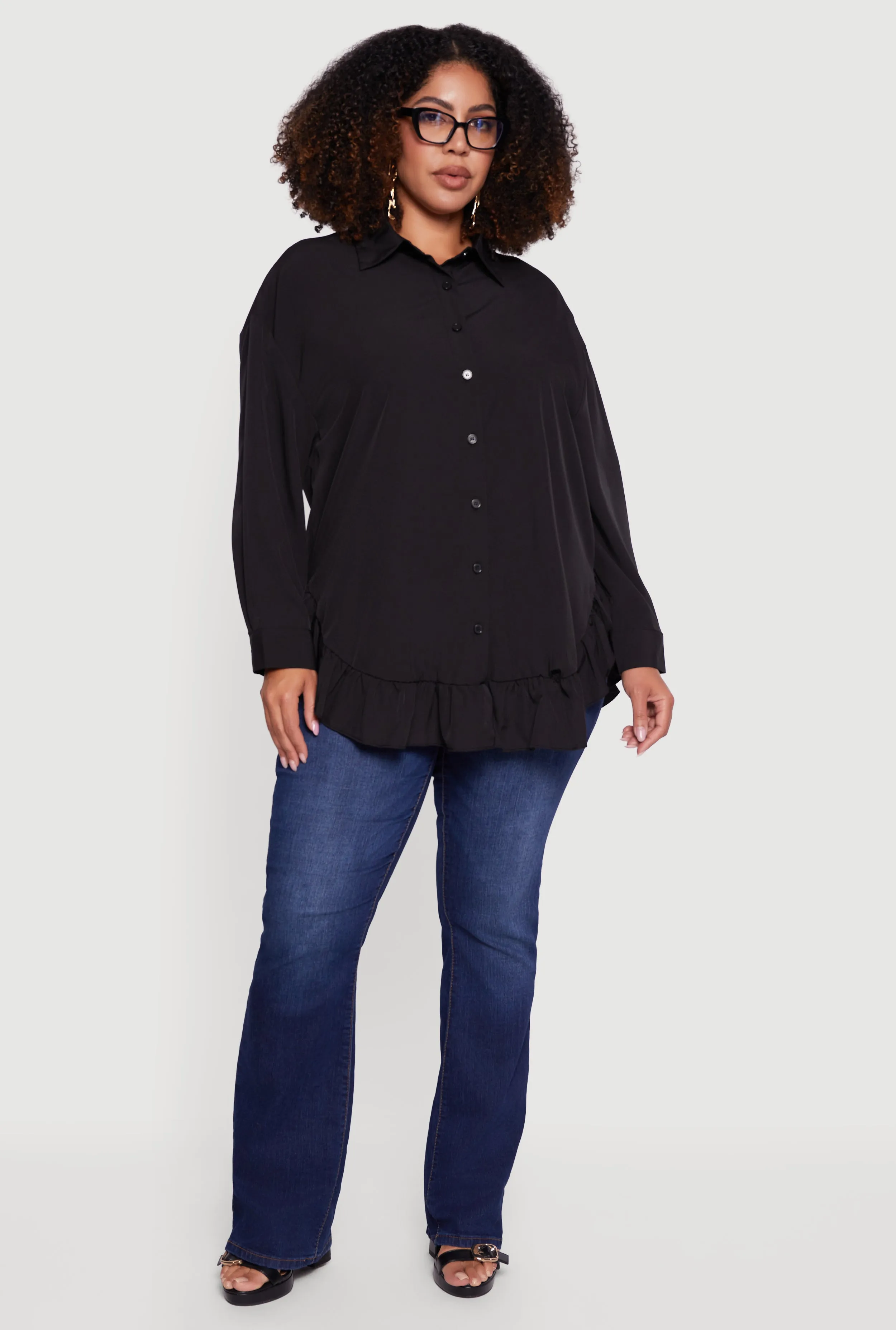 Plus Size Flounce Hem Button Front Shirt sold by Rainbow