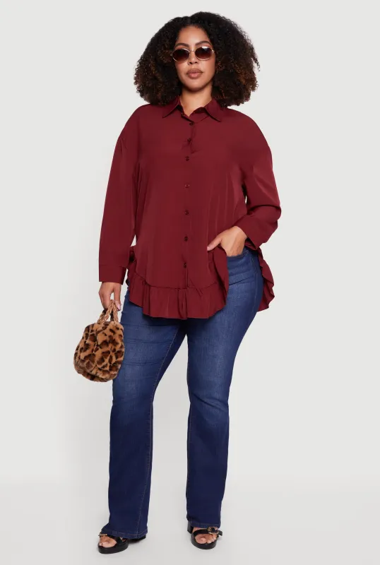 Plus Size Flounce Hem Button Front Shirt sold by Rainbow