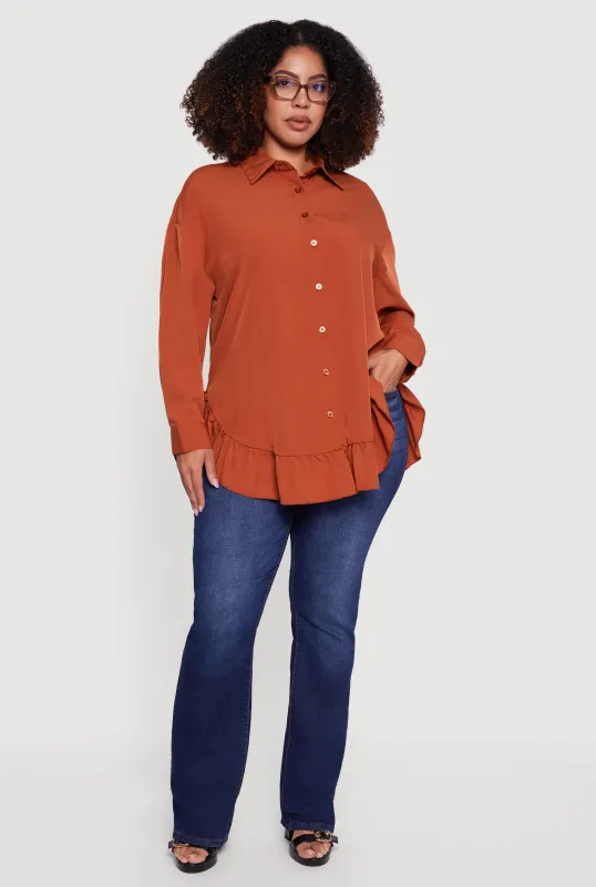 Plus Size Flounce Hem Button Front Shirt sold by Rainbow