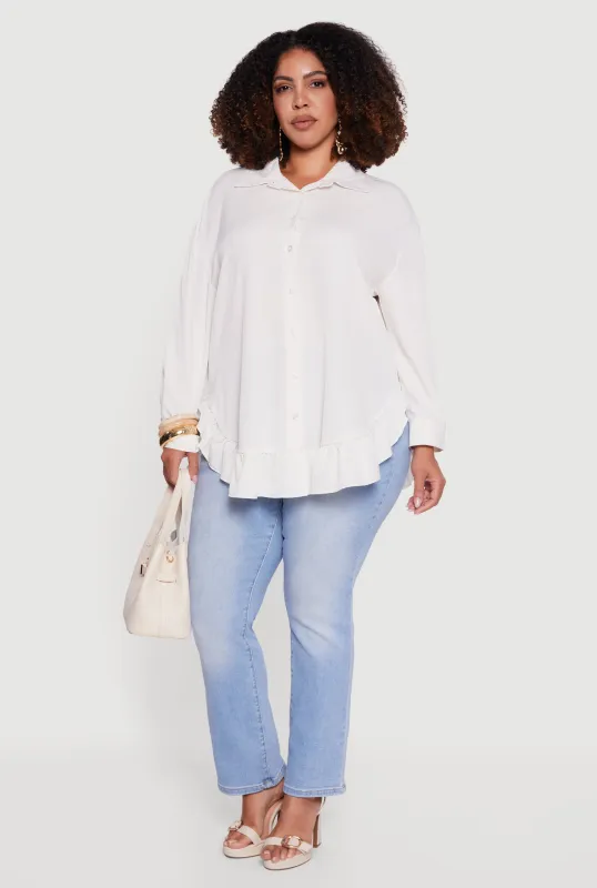 Plus Size Flounce Hem Button Front Shirt sold by Rainbow