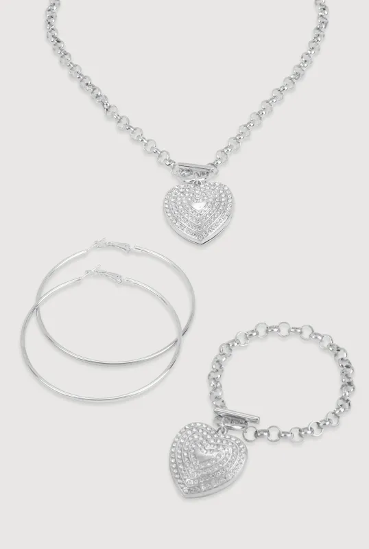 Heart Pendant Necklace and Bracelet with Hoop Earrings sold by Rainbow