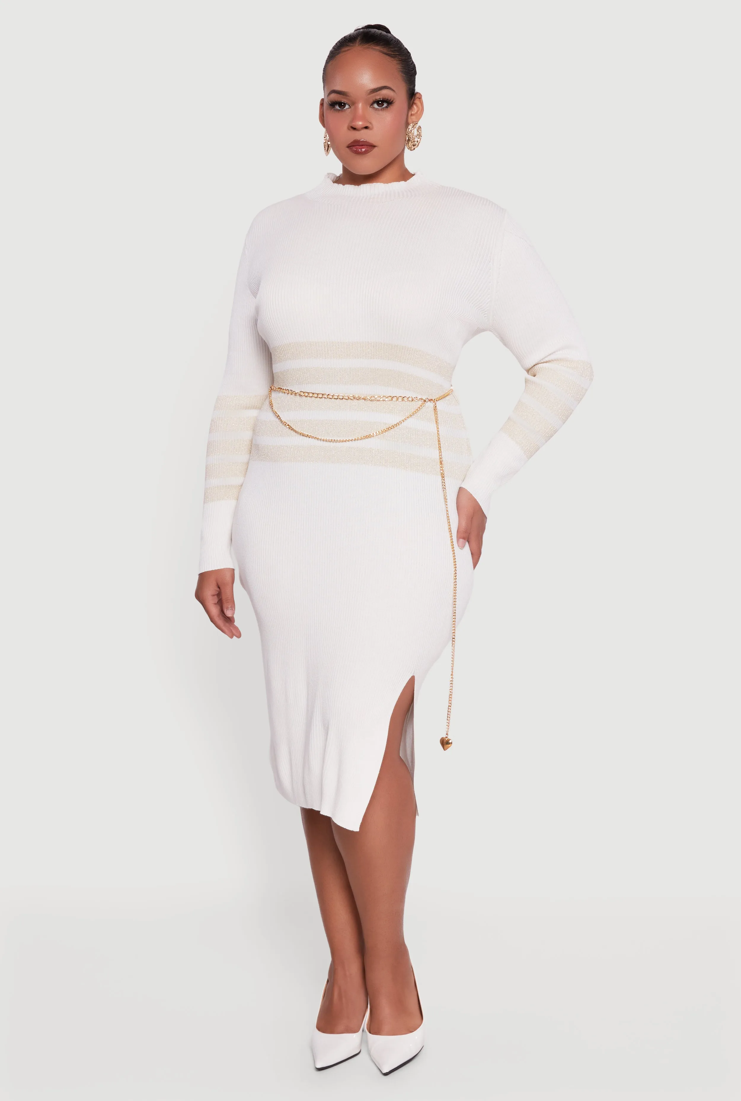 Plus Size Lurex Stripe Detail Sweater Dress with Chain Belt sold by Rainbow