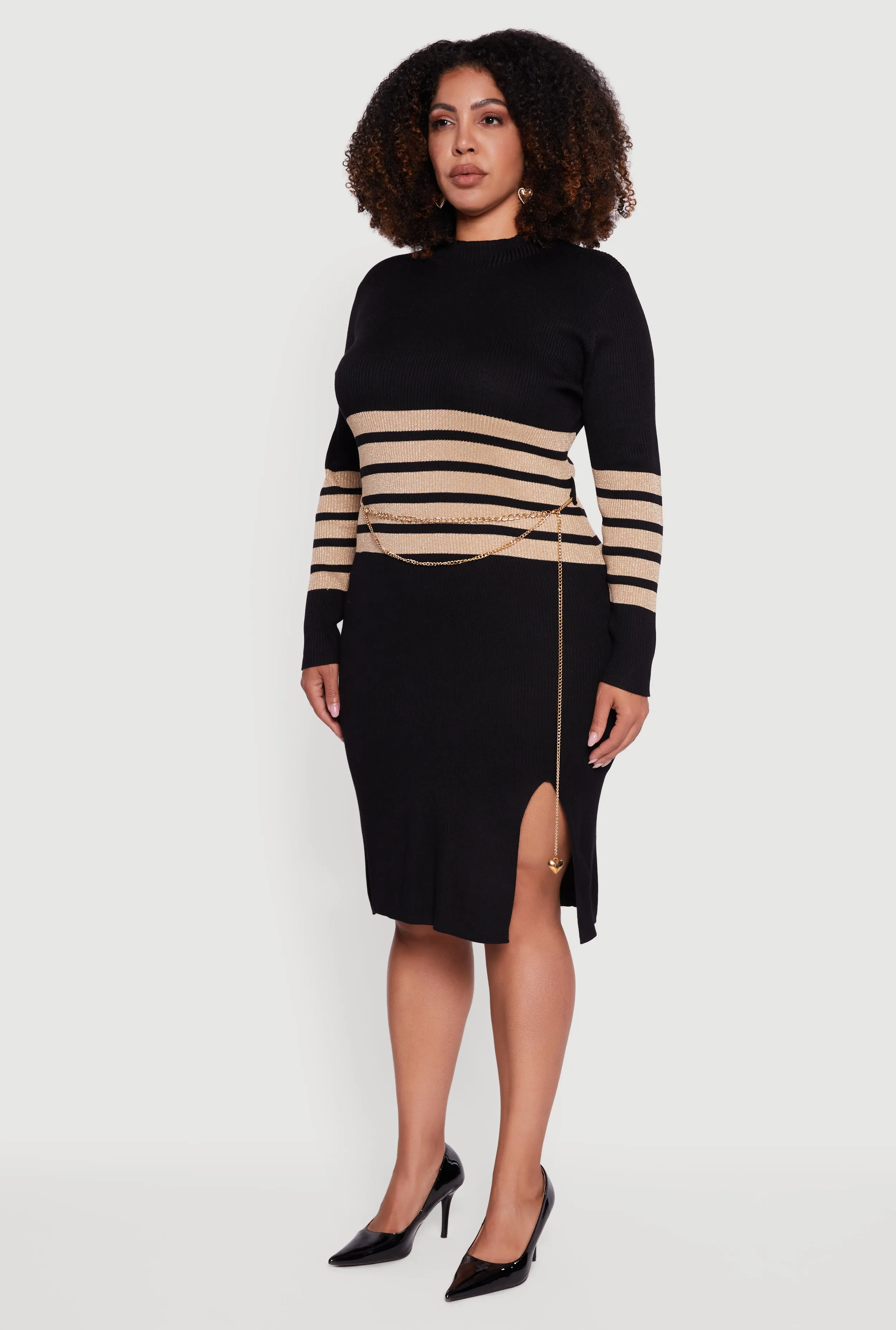 Plus Size Lurex Stripe Detail Sweater Dress with Chain Belt sold by Rainbow product image thumbnail 3