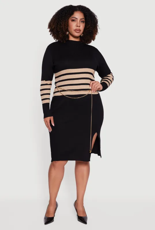 Plus Size Lurex Stripe Detail Sweater Dress with Chain Belt sold by Rainbow
