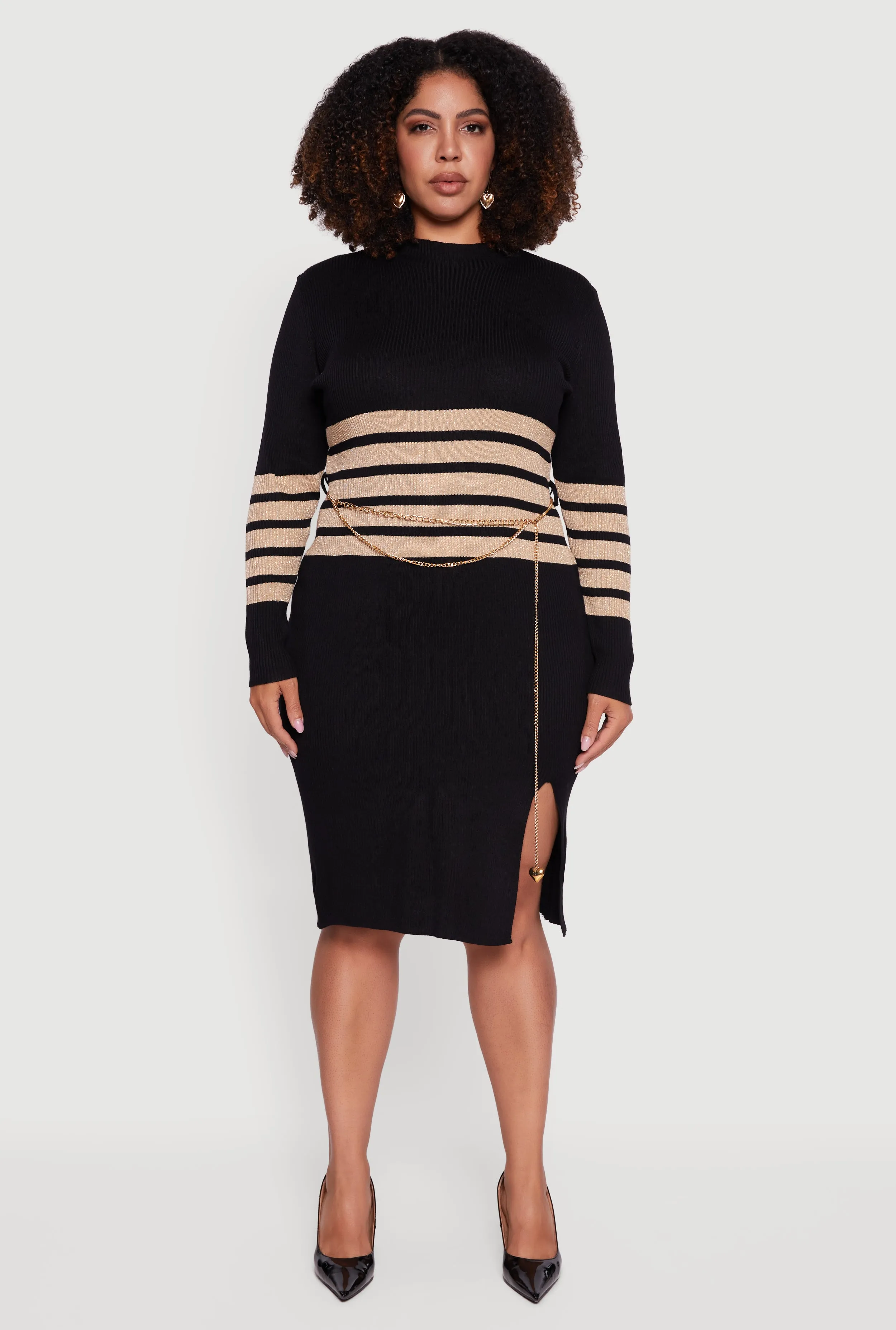 Plus Size Lurex Stripe Detail Sweater Dress with Chain Belt sold by Rainbow product image thumbnail 2